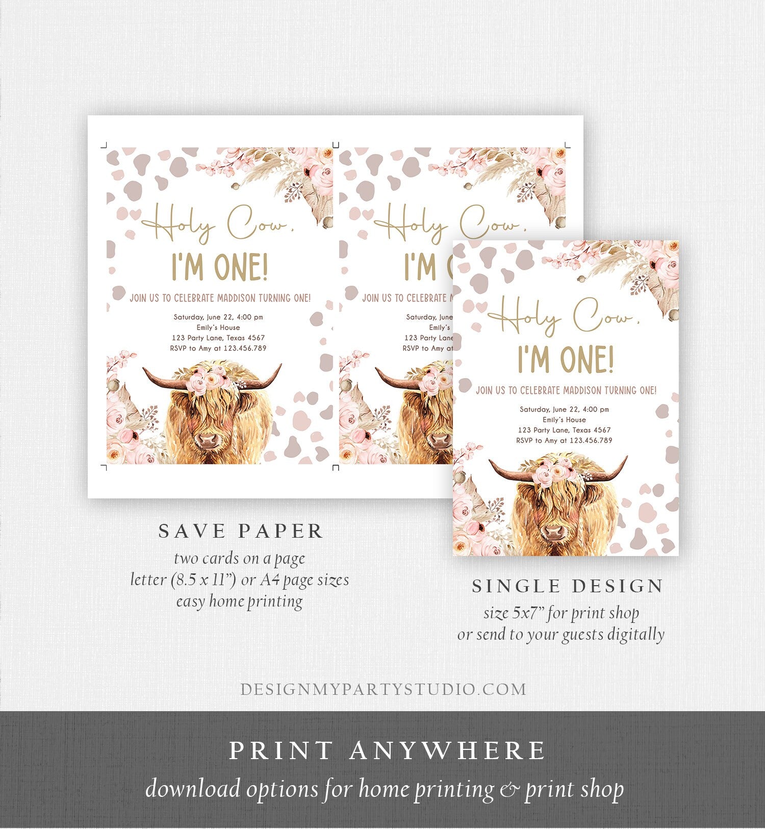 Editable Boho Cow Birthday Invitation Girl Farm Floral Pampas Grass Holy Cow I'm One 1st Birthday Download Printable Template Corjl 0453