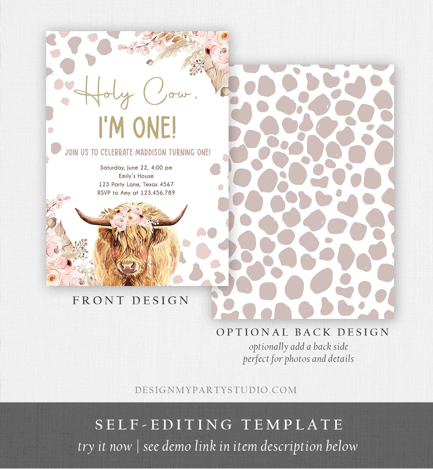 Editable Boho Cow Birthday Invitation Girl Farm Floral Pampas Grass Holy Cow I'm One 1st Birthday Download Printable Template Corjl 0453