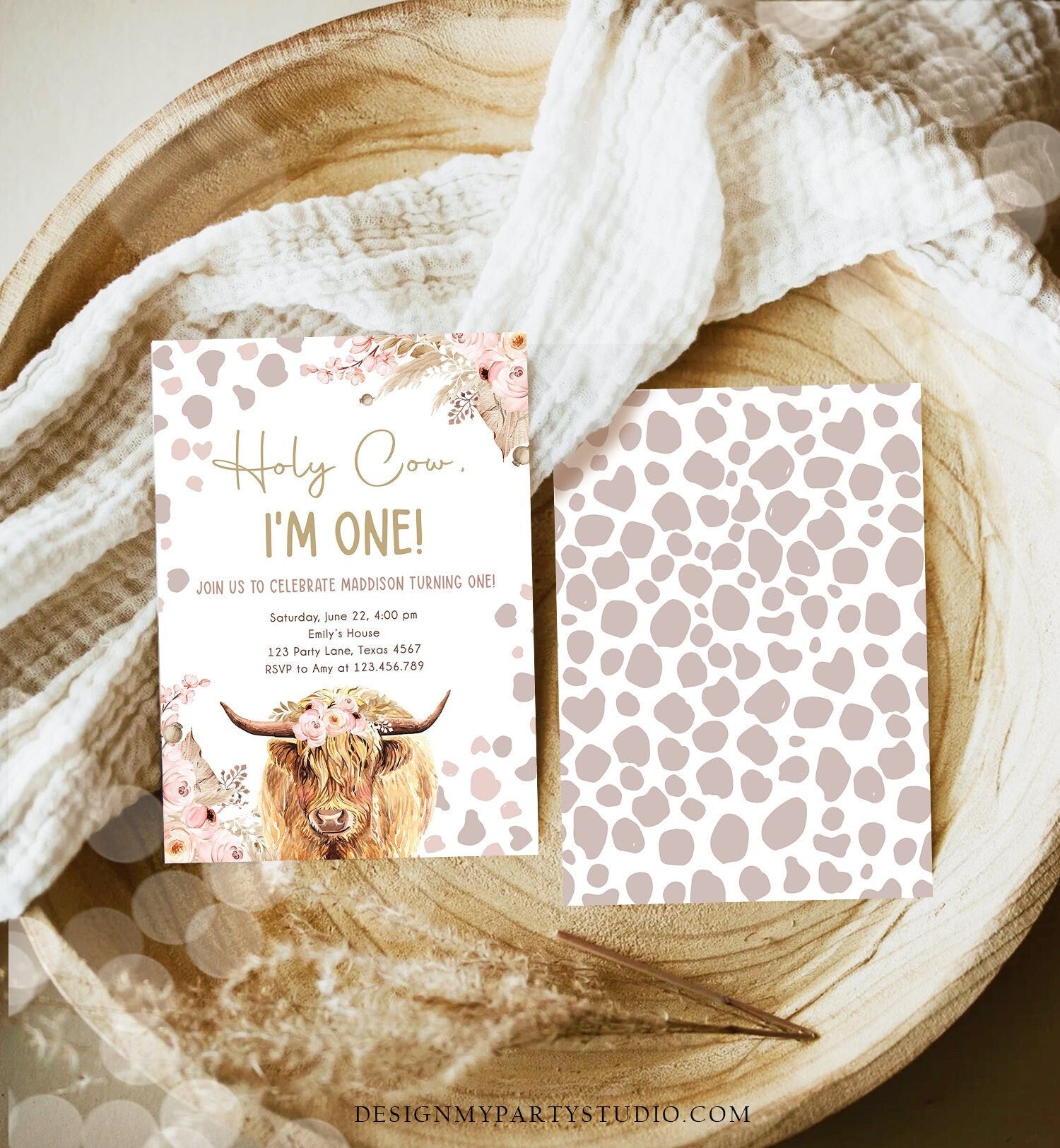 Editable Boho Cow Birthday Invitation Girl Farm Floral Pampas Grass Holy Cow I'm One 1st Birthday Download Printable Template Corjl 0453