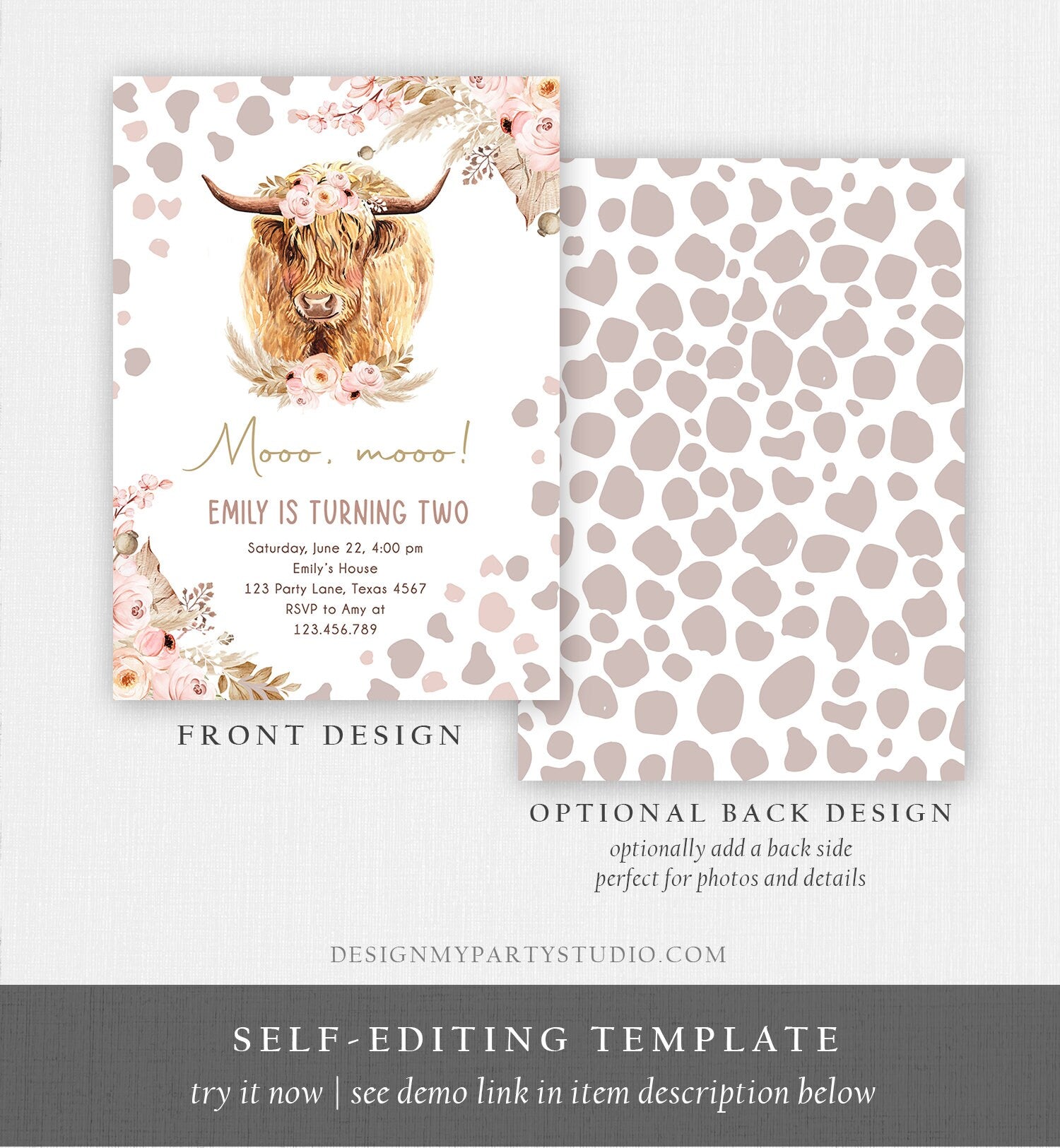 Editable Boho Cow Birthday Invitation Girl Farm Floral Pampas Grass Holy Cow Mooo Two 2nd Birthday Higland Printable Template Corjl 0453