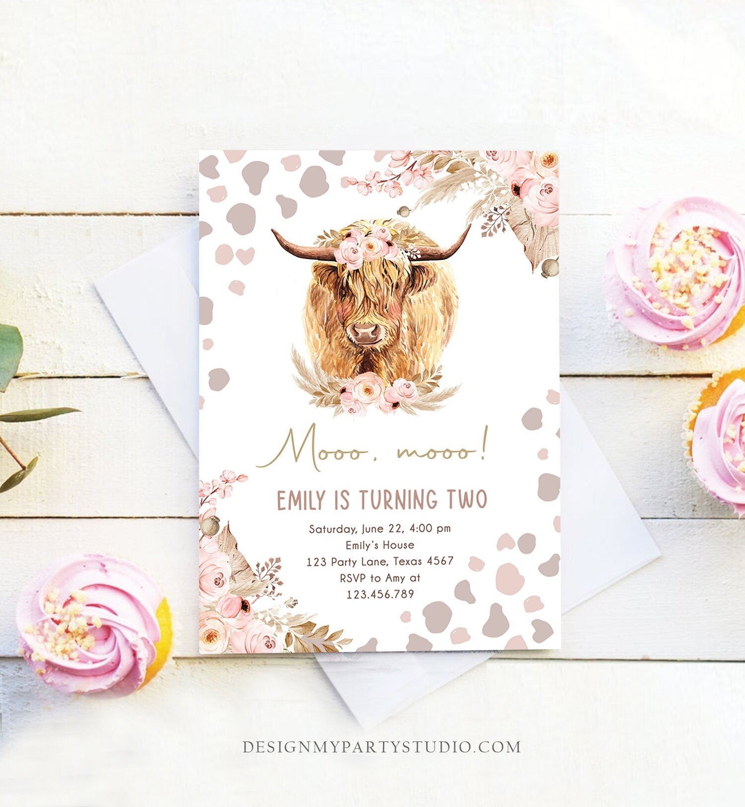 Editable Boho Cow Birthday Invitation Girl Farm Floral Pampas Grass Holy Cow Mooo Two 2nd Birthday Higland Printable Template Corjl 0453