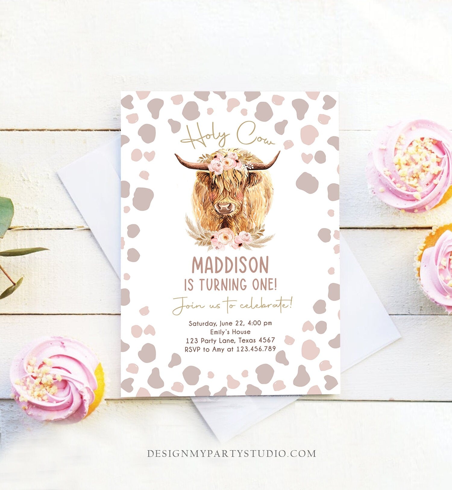 Editable Boho Cow Birthday Invitation Girl Farm Animals Pink Floral Pampas Grass Holy Cow I'm One 1st Highland Printable Template Corjl 0453