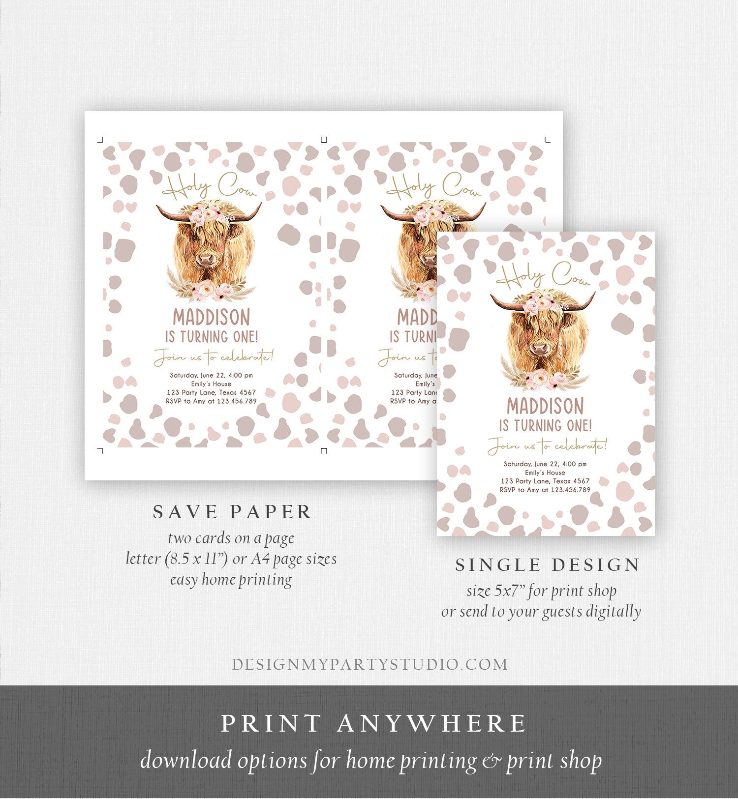 Editable Boho Cow Birthday Invitation Girl Farm Animals Pink Floral Pampas Grass Holy Cow I'm One 1st Highland Printable Template Corjl 0453