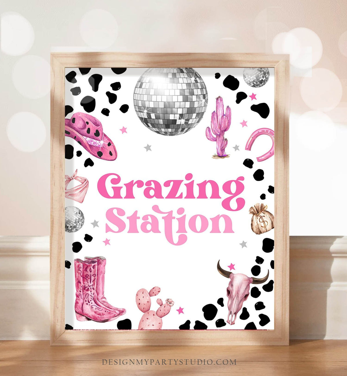 Grazing Station Sign Space Cowgirl Birthday Party Sign Food Disco Cowgirl Sign Pink Rodeo Party Nashville Wild West Country Printable 0455