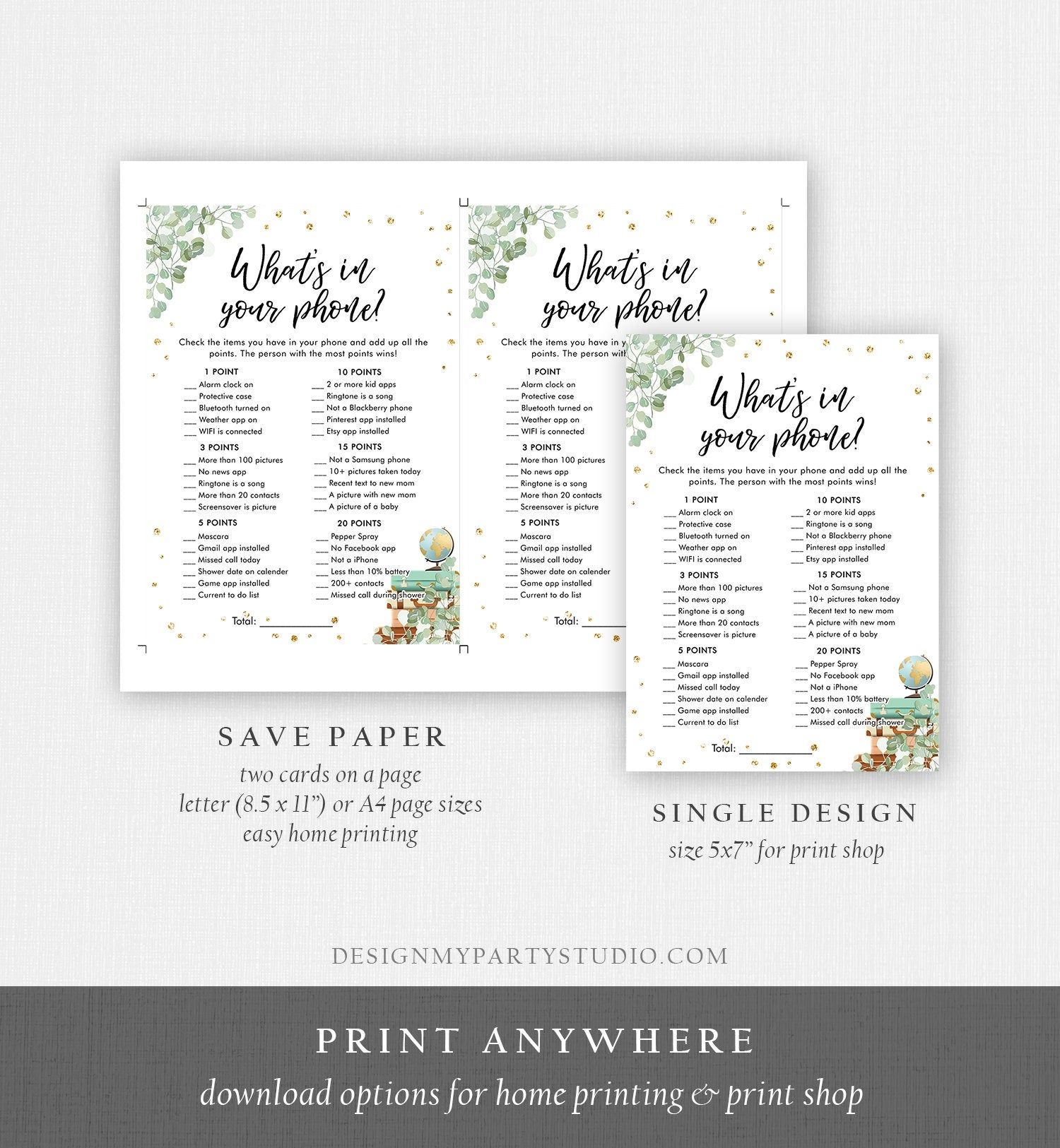 Editable What's in Your Phone Bridal Shower Game Wedding Shower Activity Eucalyptus Gold Confetti Flowers Digital Template Printable 0030