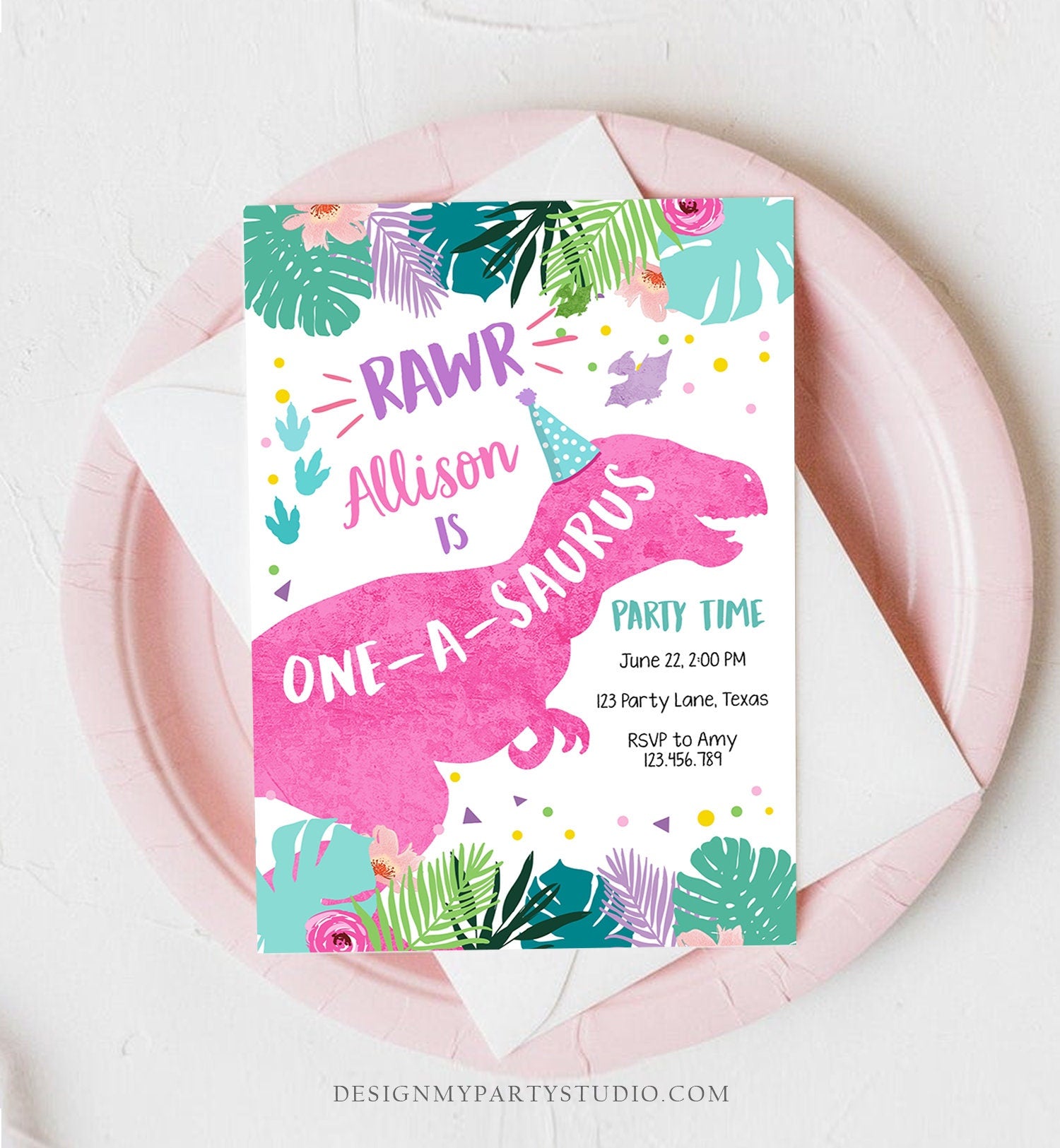 Editable One-A-Saurus Dinosaur Birthday Invitation Dino T-Rex First Birthday 1st Rawr Girl Pink Prehistoric Printable Corjl Template 0423