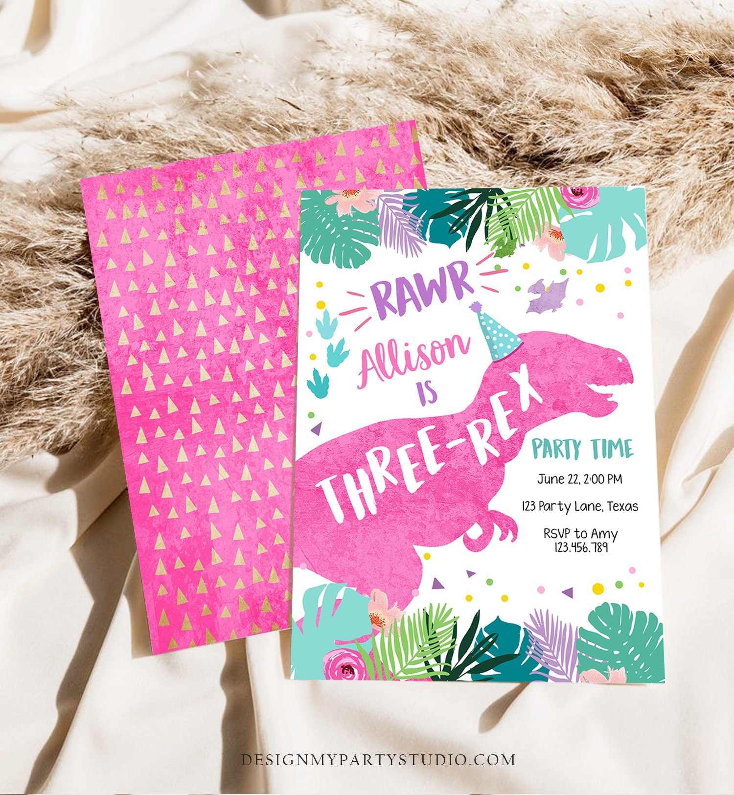 Editable Three-Rex Dinosaur Birthday Invitation Dino T-Rex Third Birthday 3rd Rawr Girl Pink Dino Prehistoric Printable Corjl Template 0423