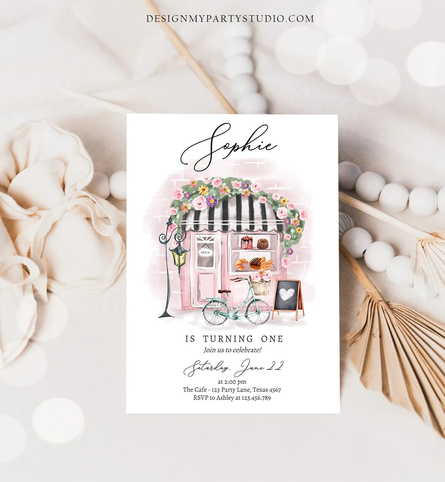 Editable Paris Birthday Invitation Girl Tea Party Invite Pink Floral French Parisian Cafe Patisserie Printable Template Corjl Digital 0441