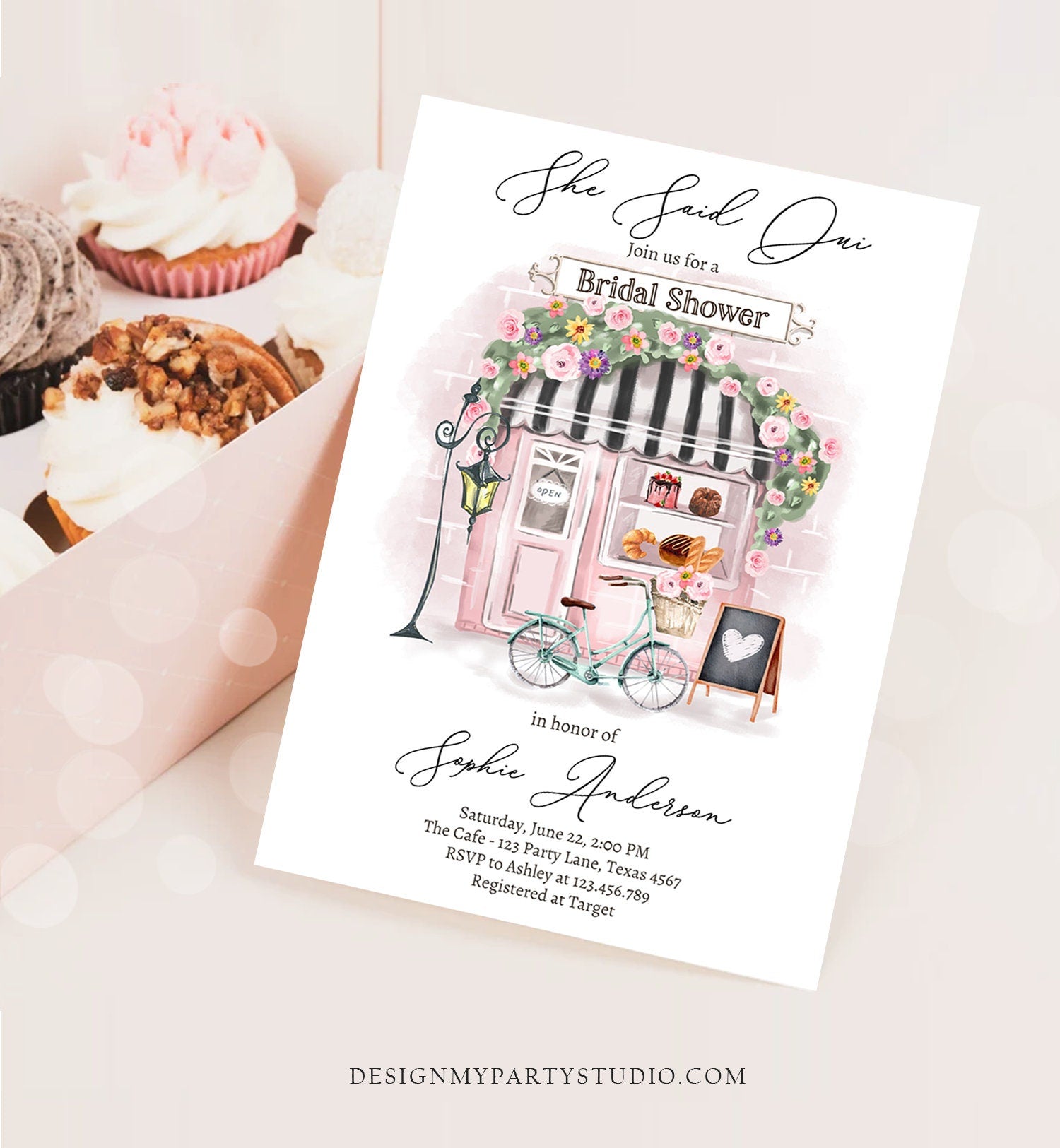 Editable Paris Bridal Shower Invitation She Said Oui French Patisserie Parisian Tea Party Floral Pink Printable Template Corjl Digital 0441