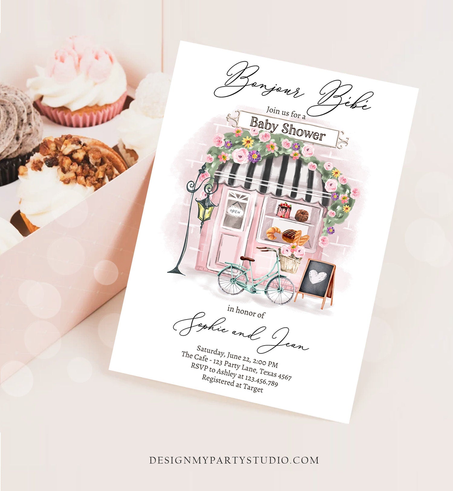 Editable Paris Baby Shower Invitation Bonjour Bebe French Patisserie Parisian Tea Party Floral Pink Printable Template Corjl Digital 0441