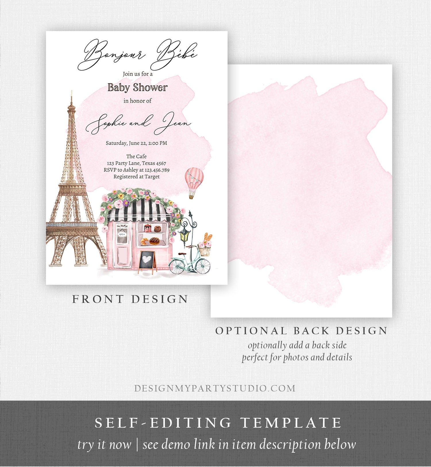 Editable Paris Baby Shower Invitation Bonjour Bebe French Patisserie Parisian Eiffel Tower Pink Download Evite Template Printable 0441