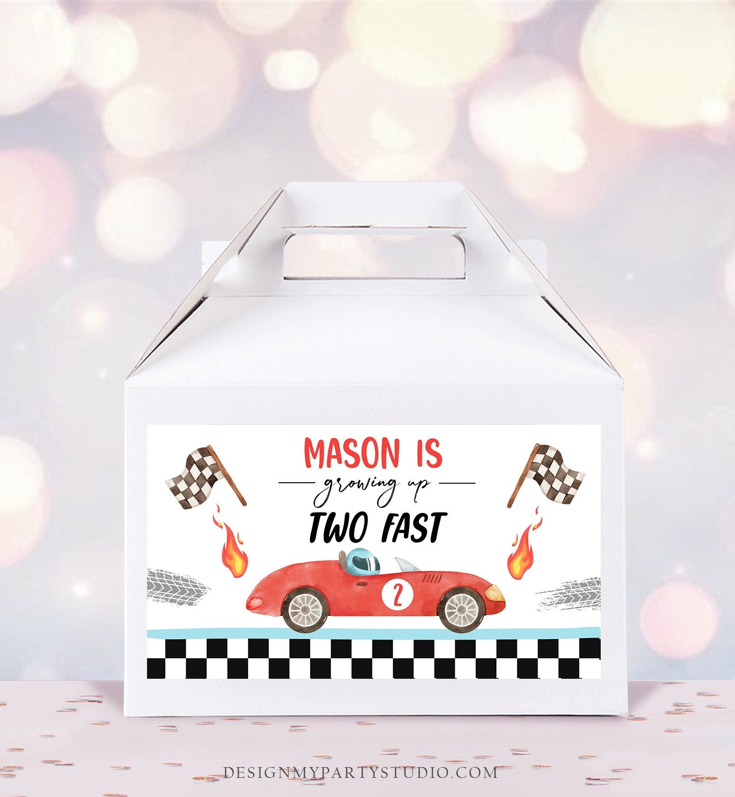 Editable Growing Up Two Fast Gable Box Favor Red Race Car Birthday Favor Label Boy Racing 2nd Around Track Download Printable Corjl 0424