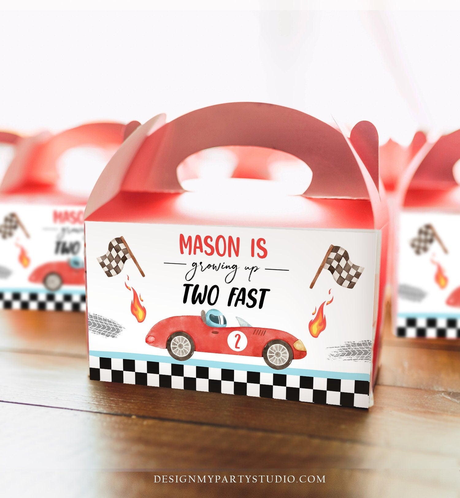 Editable Growing Up Two Fast Gable Box Favor Red Race Car Birthday Favor Label Boy Racing 2nd Around Track Download Printable Corjl 0424