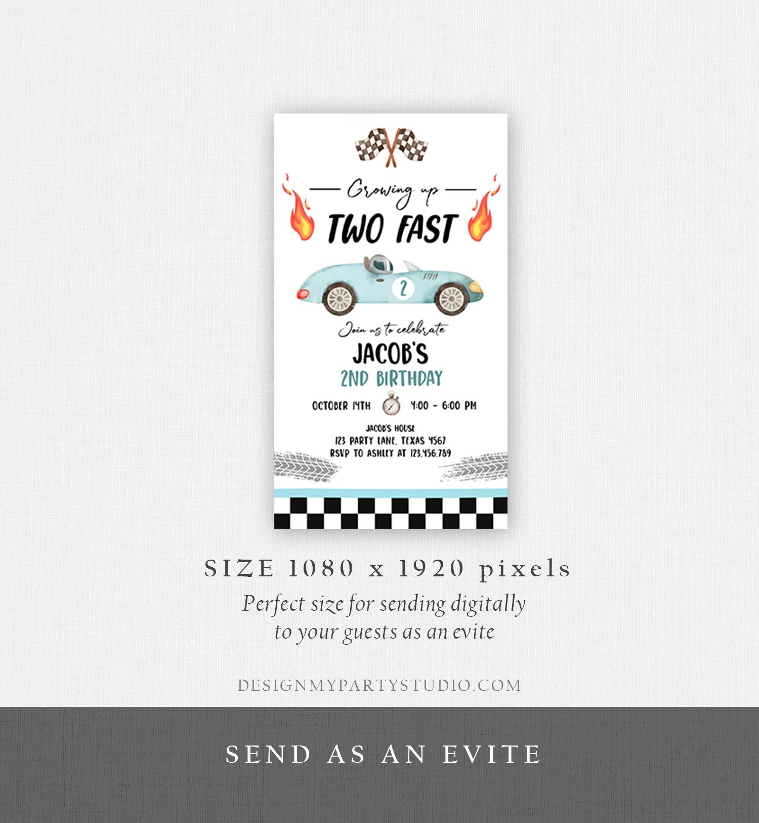 Editable Racing Car Birthday Invitation Growing Up Two Fast Evite Second Birthday 2nd Boy Blue Electronic Phone Template Digital Corjl 0424