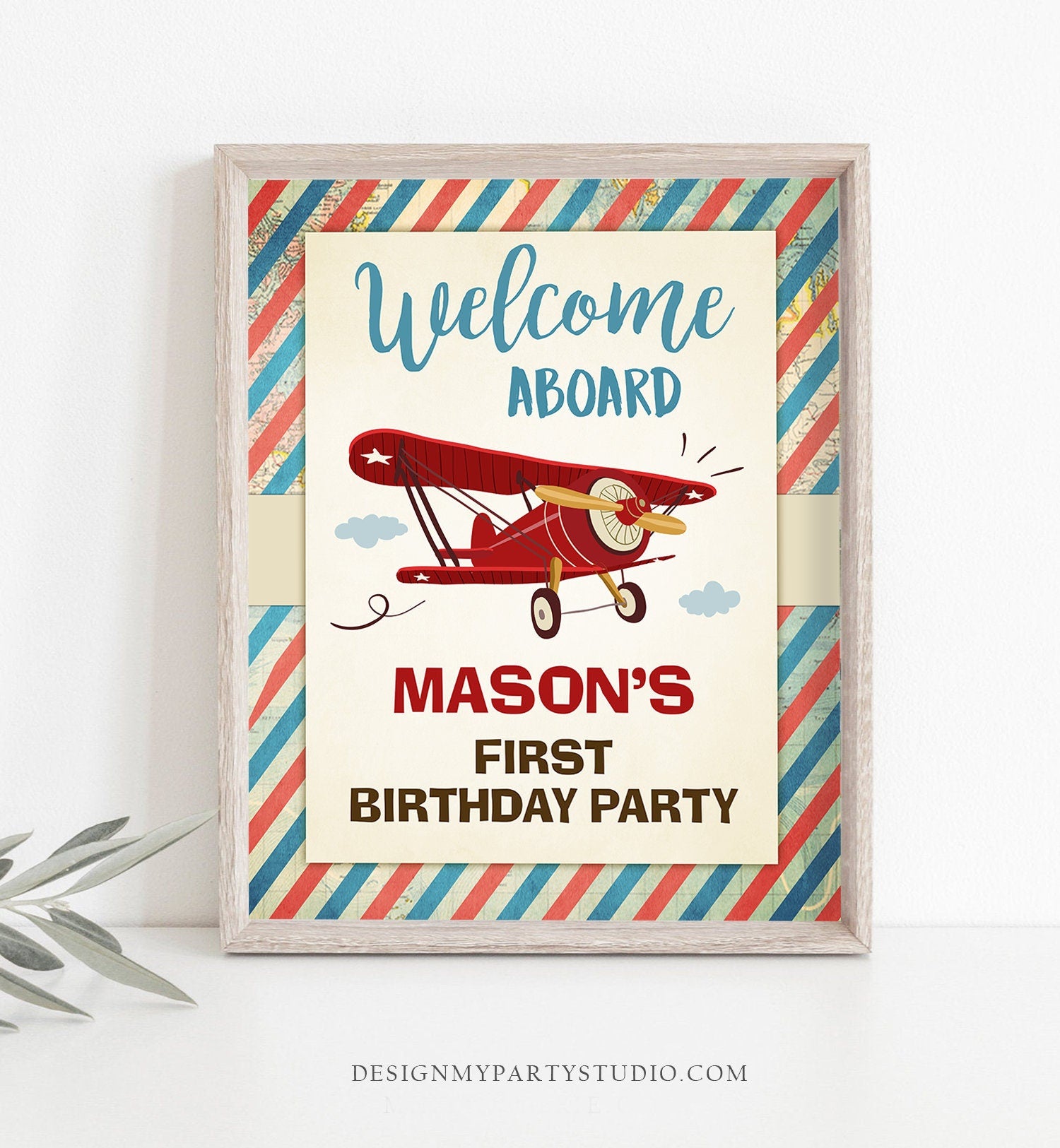 Editable Airplane Welcome Sign Airplane Birthday Boy First 1st Oh How Time Flies Party Decor Airplane Red Digital Template Printable 0011