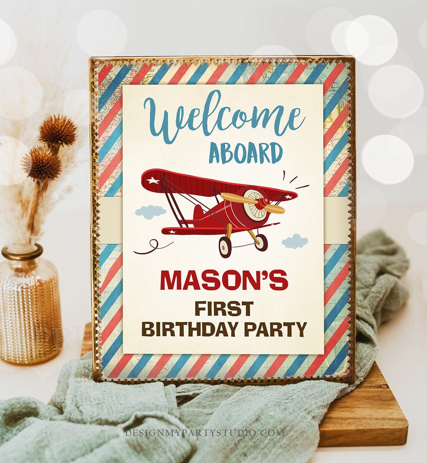 Editable Airplane Welcome Sign Airplane Birthday Boy First 1st Oh How Time Flies Party Decor Airplane Red Digital Template Printable 0011