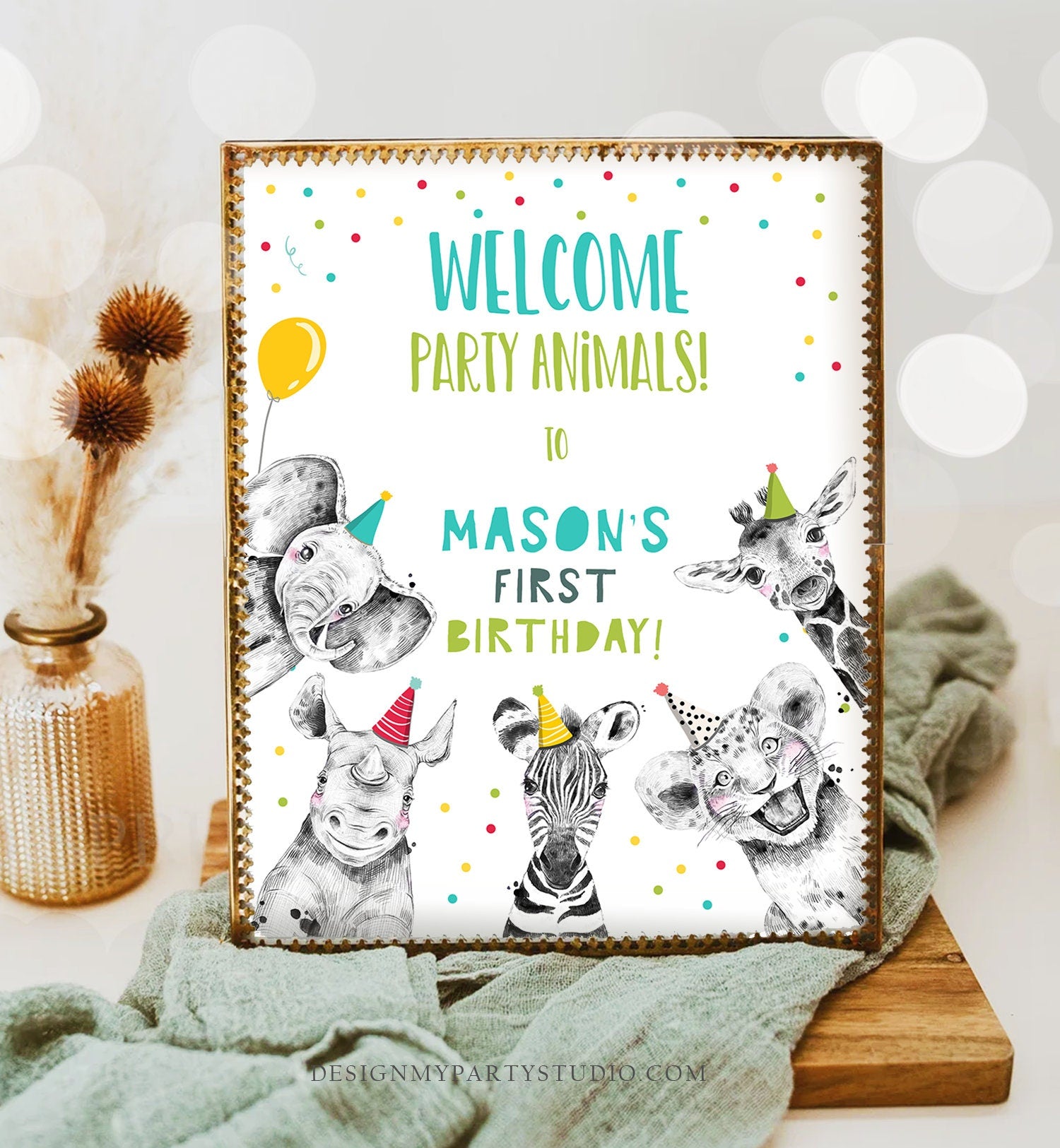 Editable Party Animals Birthday Welcome Sign Safari Animals Sign Welcome Jungle Sign Birthday Animals Boy Corjl Template Printable 0390