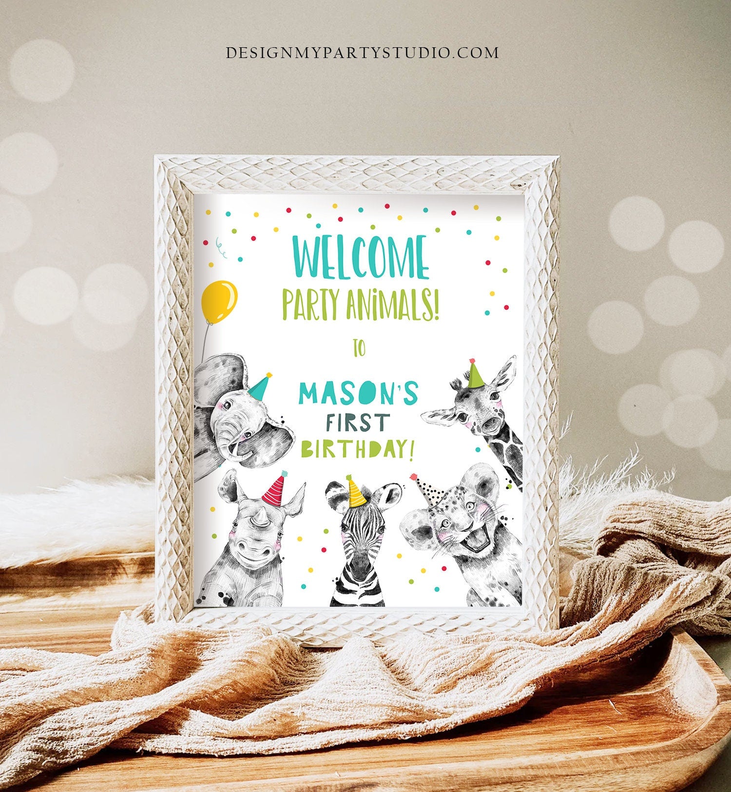 Editable Party Animals Birthday Welcome Sign Safari Animals Sign Welcome Jungle Sign Birthday Animals Boy Corjl Template Printable 0390