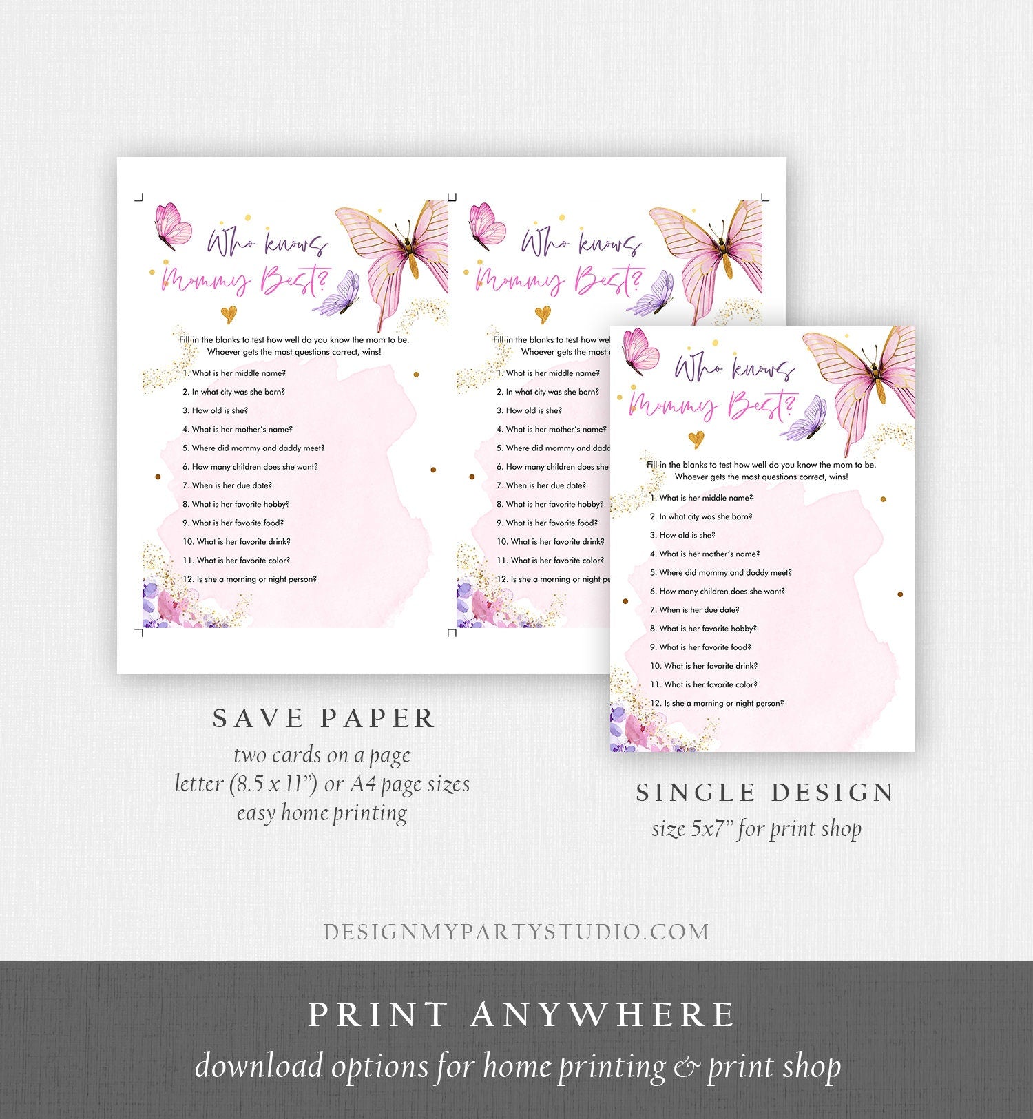 Editable Who Knows Mommy Best Game Butterfly Baby Shower Game Floral Butterflies Lilac Pink Purple Activity Corjl Template Printable 0437