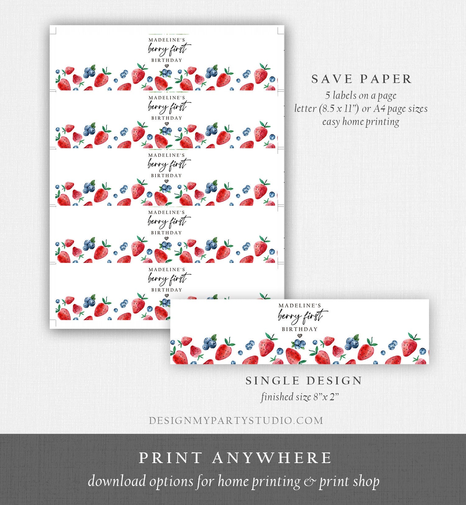 Editable Strawberry Blueberry Water Bottle Labels Berry First Birthday Decor Berry Sweet 1st Birthday Party Printable Template Corjl 0399