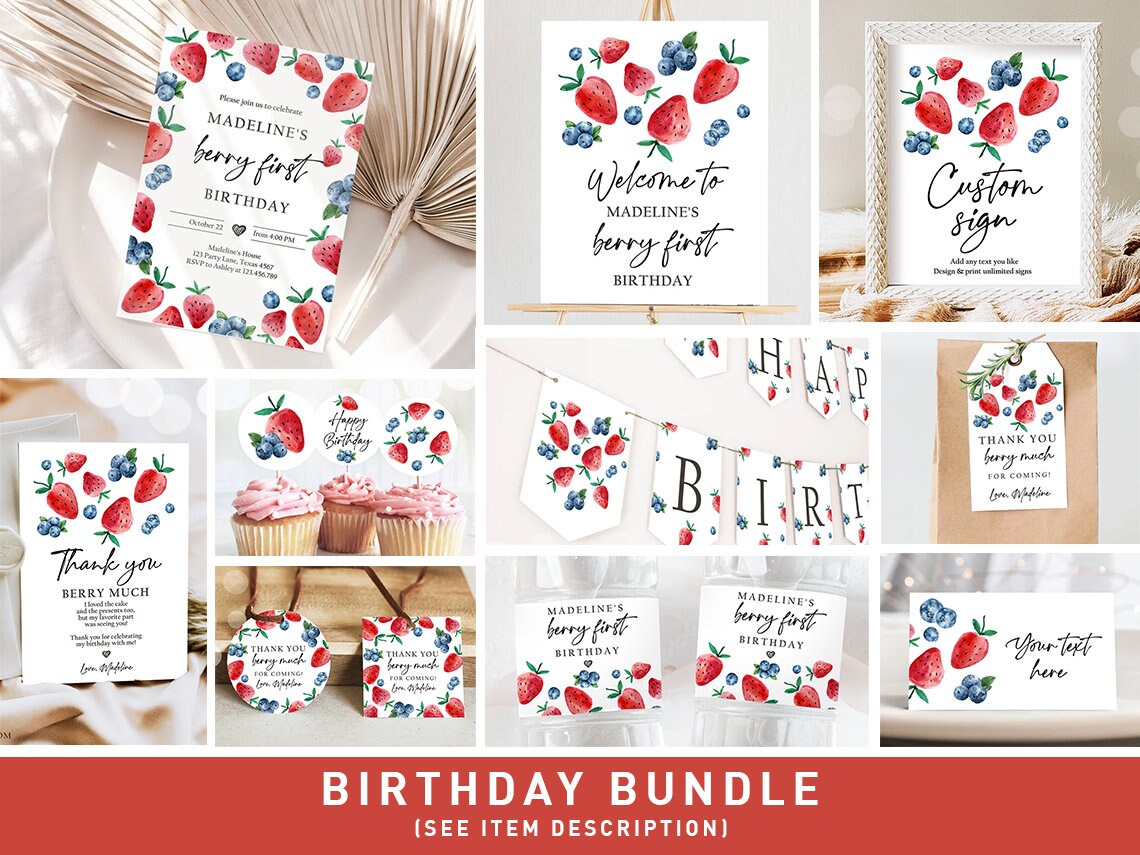 Strawberry Blueberry Birthday Invitation Bundle Berry First Birthday Berry Sweet Party Pack Girl Package 1st Printable Digital Template 0399