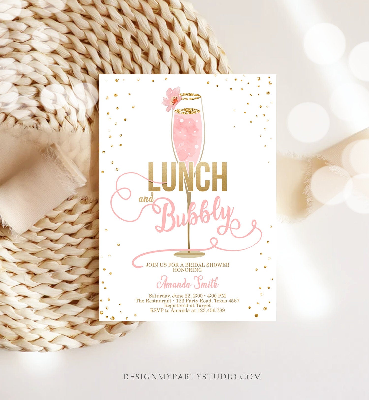 Editable Lunch and Bubbly Bridal Shower Invitation Champagne Gold Pink Wedding Brunch Invite Download Printable Template Digital Corjl 0150