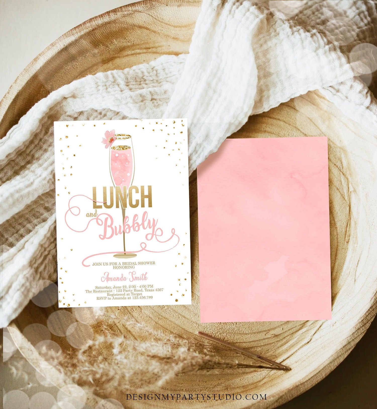 Editable Lunch and Bubbly Bridal Shower Invitation Champagne Gold Pink Wedding Brunch Invite Download Printable Template Digital Corjl 0150