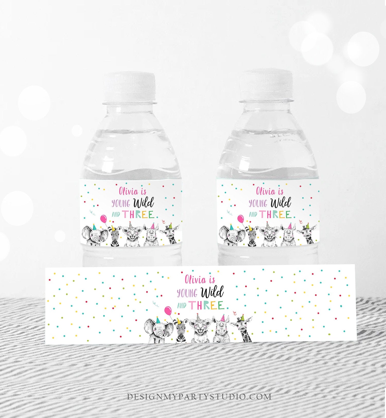 Editable Water Bottle Labels Party Animals Birthday Young Wild and Three Birthday Decor Safari Animals Zoo Printable Template Corjl 0390