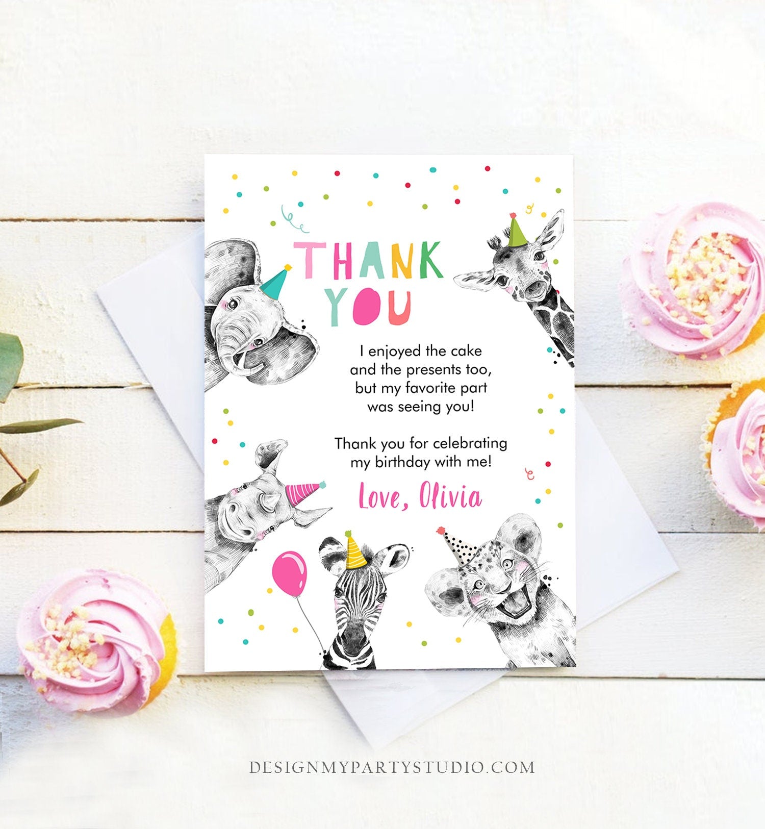 Editable Thank You Card Safari Animals Wild One Two Wild Thank You Note Girl Pink Wild Three Zoo Party Animal Digital Template Download 0390