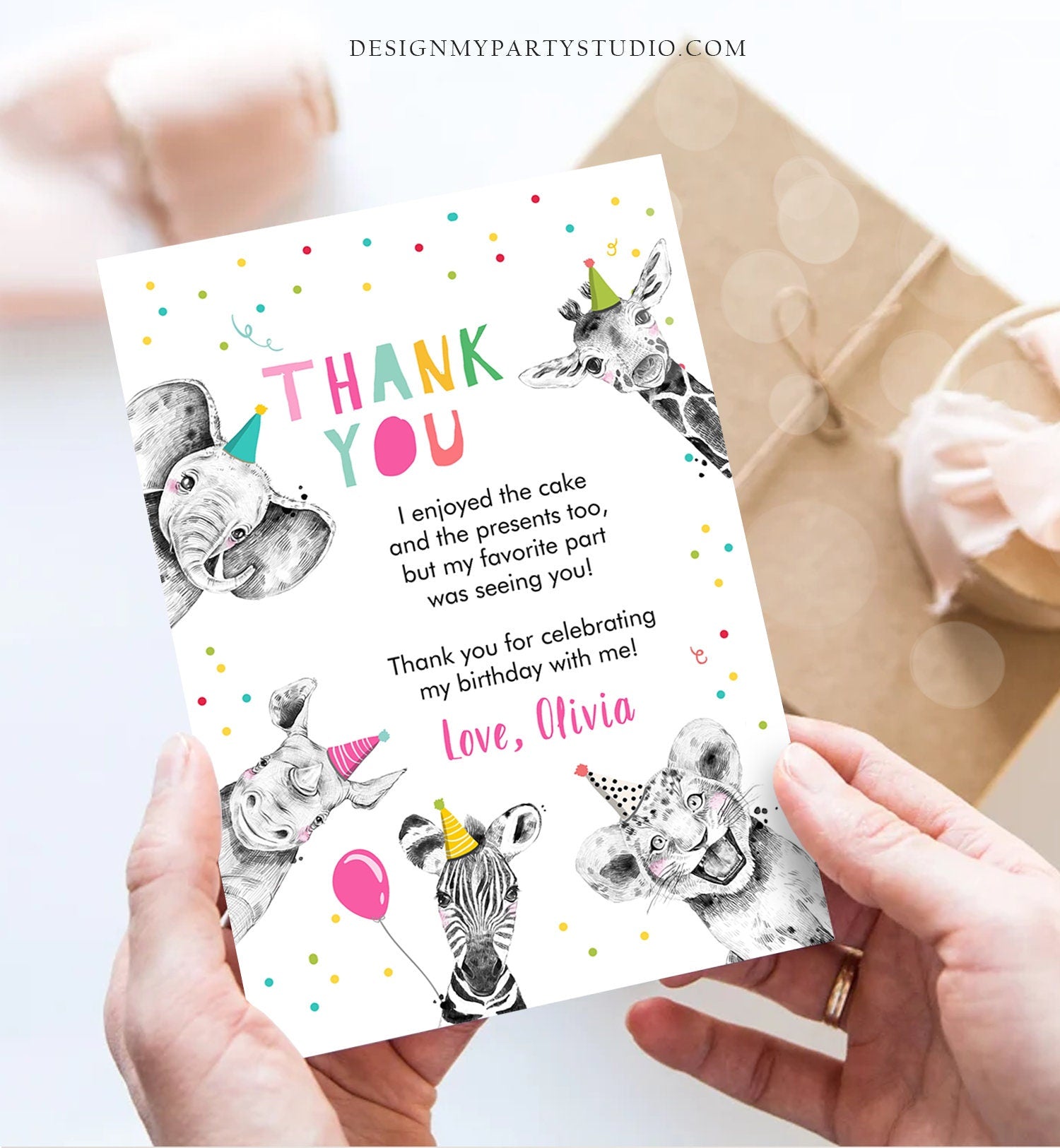 Editable Thank You Card Safari Animals Wild One Two Wild Thank You Note Girl Pink Wild Three Zoo Party Animal Digital Template Download 0390