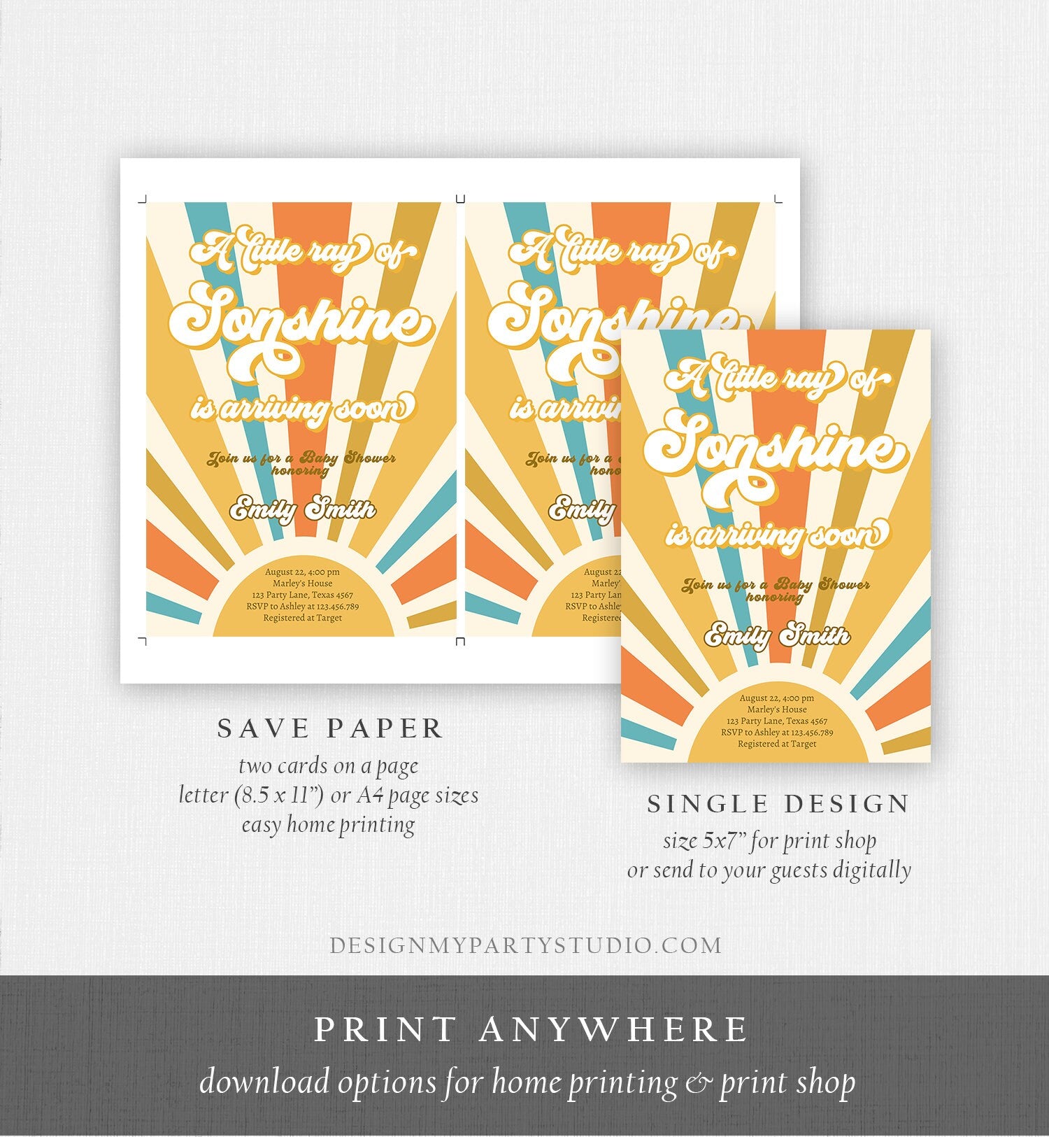 Editable Little Ray of Sonshine Baby Shower Invitation Baby Boy Sunshine Baby Shower Retro Instant Download Digital Corjl Template 0457