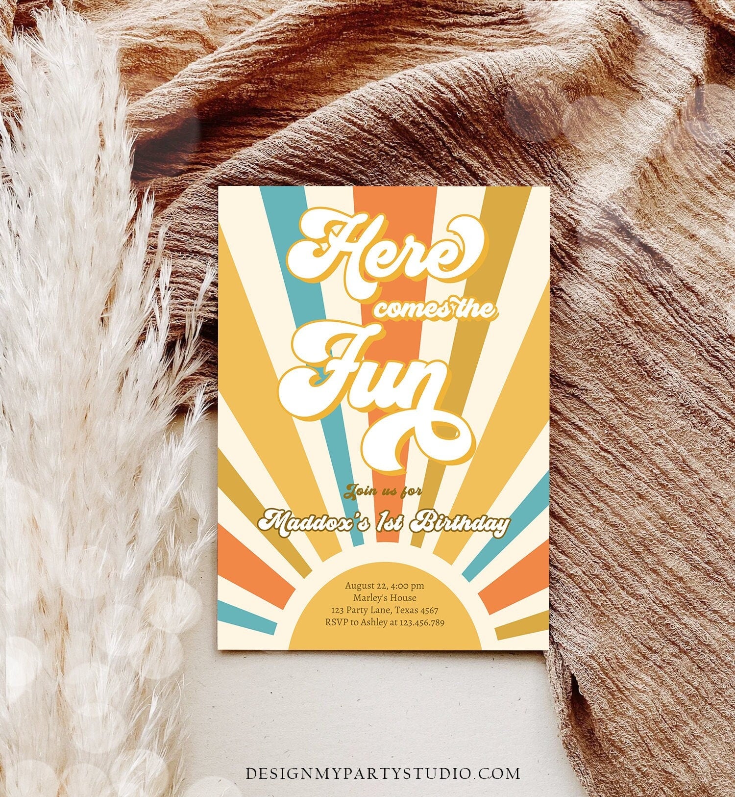 Editable Here Comes the Fun Birthday Invitation 1st Sunshine Birthday Party Boho Retro Son Download Printable Template Digital Corjl 0457