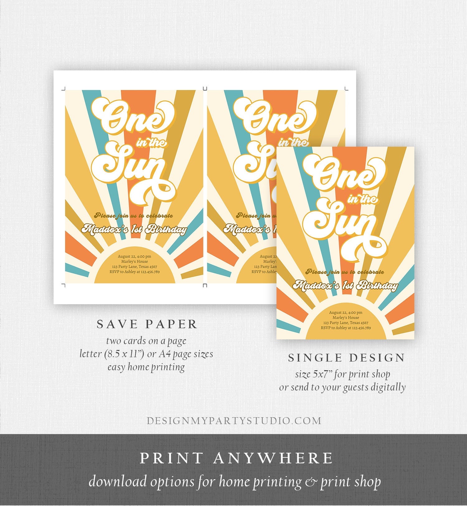 Editable One in The Sun Birthday Invitation Sunshine 1st Birthday Party Boho Retro Son Download Printable Template Digital Corjl 0457