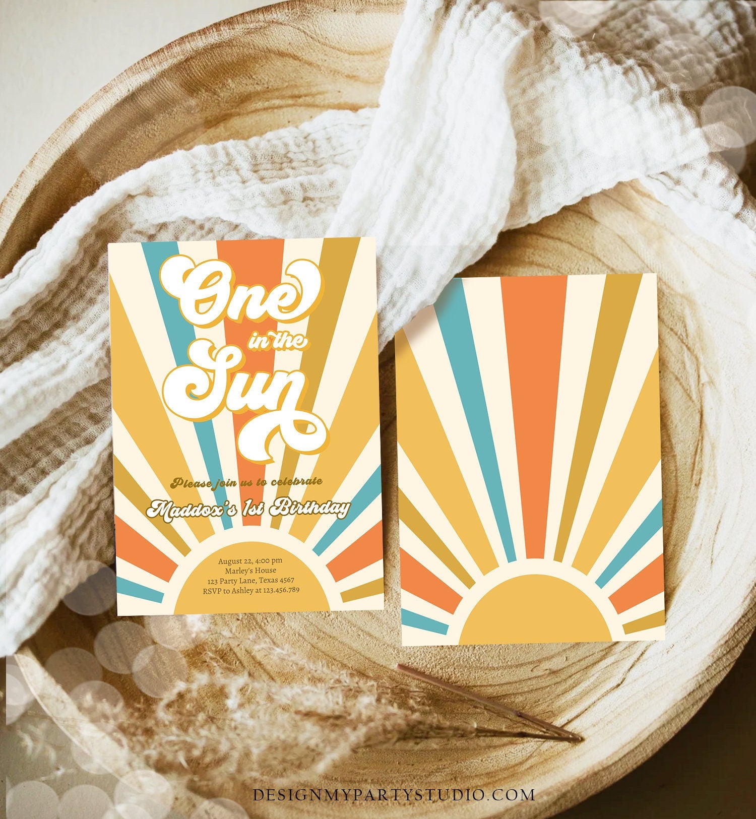 Editable One in The Sun Birthday Invitation Sunshine 1st Birthday Party Boho Retro Son Download Printable Template Digital Corjl 0457