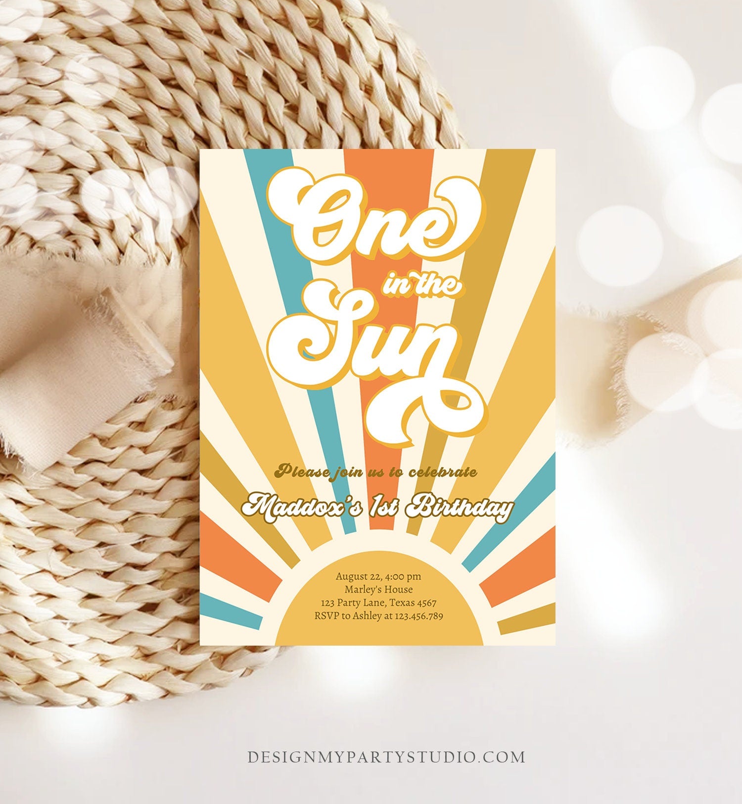 Editable One in The Sun Birthday Invitation Sunshine 1st Birthday Party Boho Retro Son Download Printable Template Digital Corjl 0457