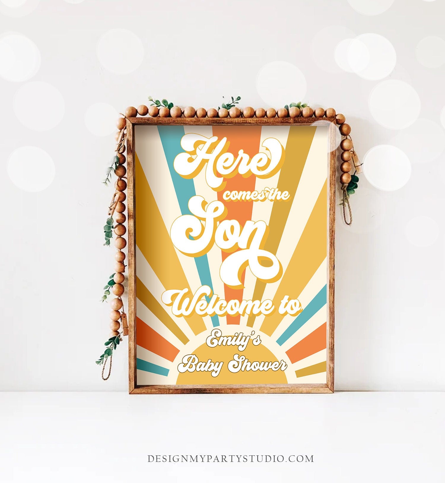 Editable Baby Shower Welcome Sign Sunshine Shower Here Comes the Son Welcome Poster Boy Retro Groovy Decor Corjl Template Printable 0457