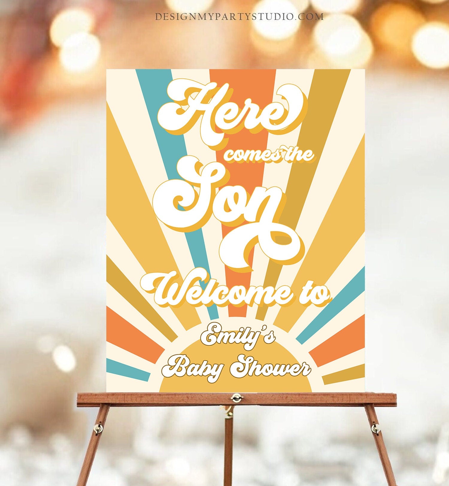 Editable Baby Shower Welcome Sign Sunshine Shower Here Comes the Son Welcome Poster Boy Retro Groovy Decor Corjl Template Printable 0457