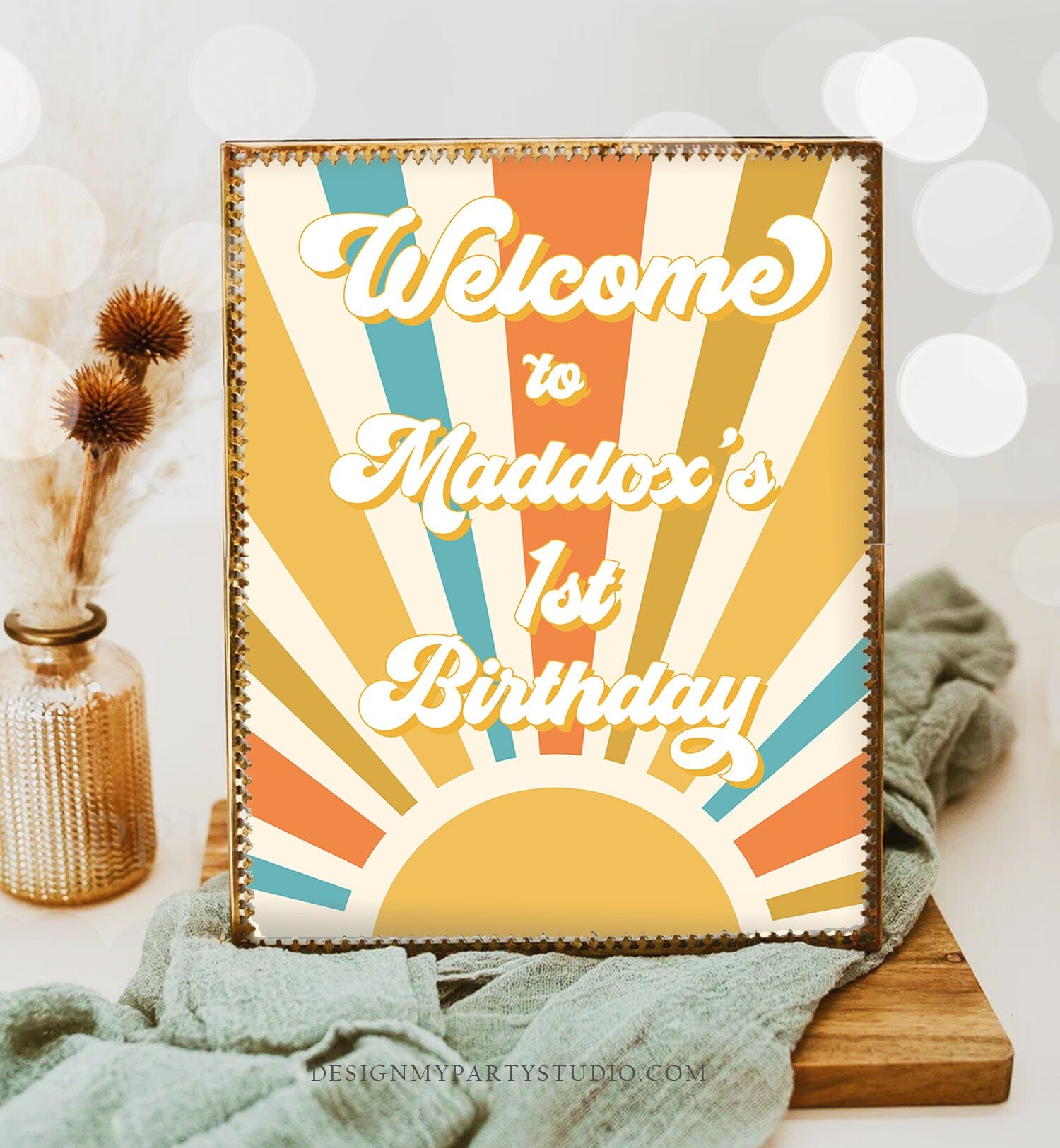 Editable Sunshine Birthday Welcome Sign Sun Welcome Poster Boy Retro Groovy Decor First Trip Around the Sun Digital Template Printable 0457