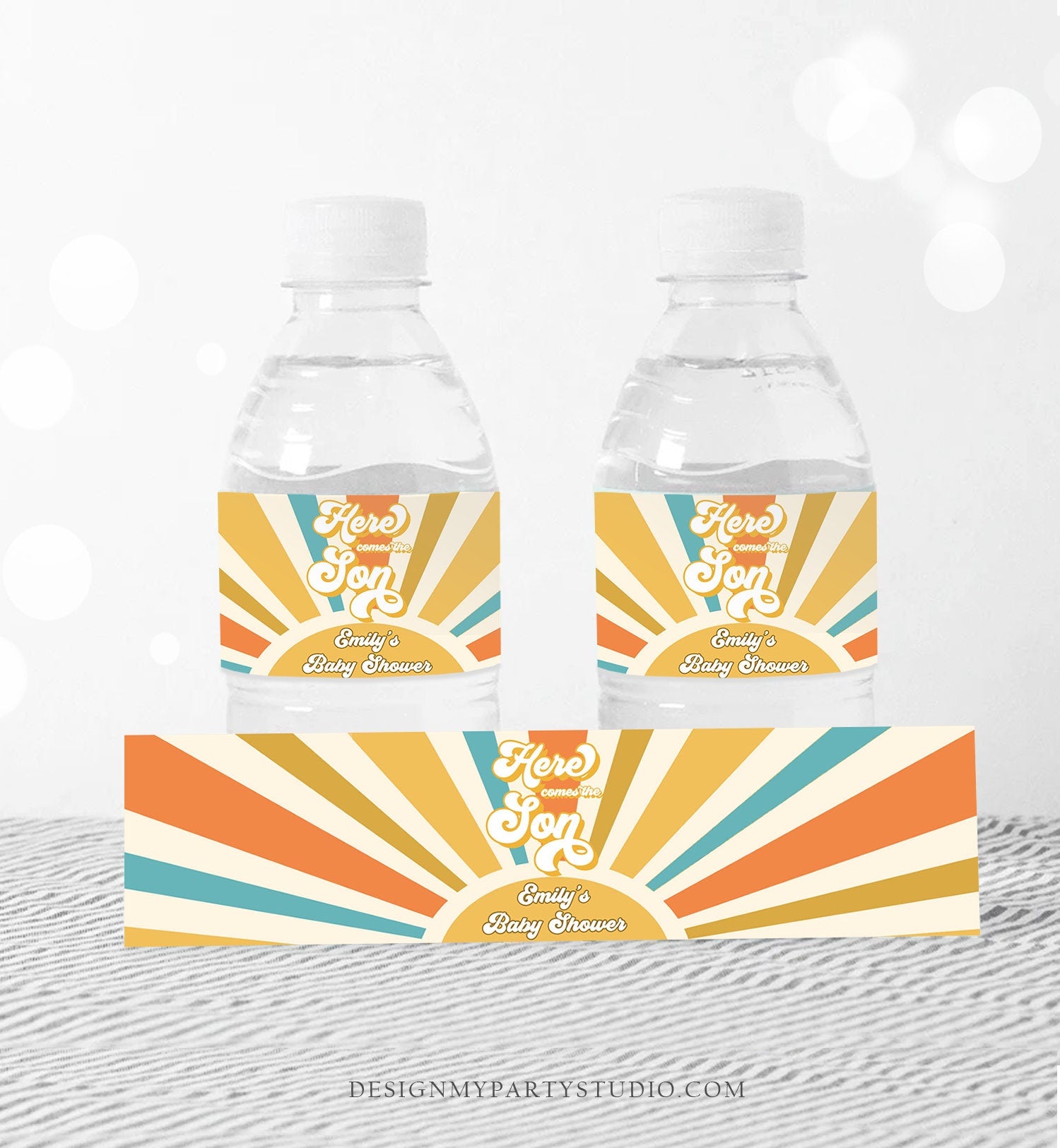 Editable Here Comes the Son Water Bottle Label Boy Retro Sunshine Baby Shower Boho Drink Label Sun Download Printable Template Corjl 0457