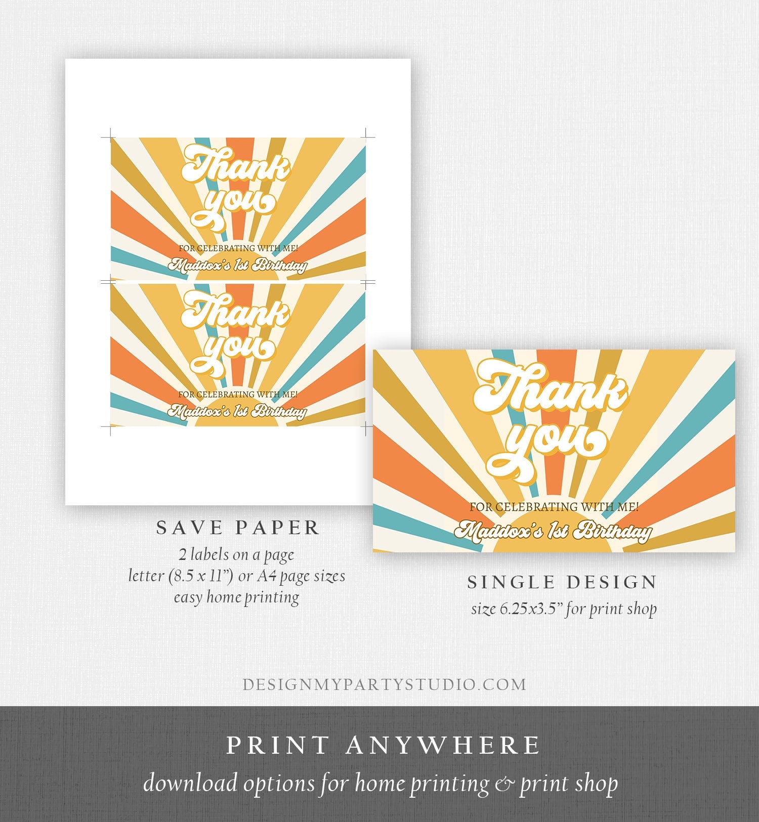 Editable Sun Birthday Party Gable Box Favor Label Boho Sun Gift Box Labels Retro Sunshine First Trip Around the Sun Download Printable 0457