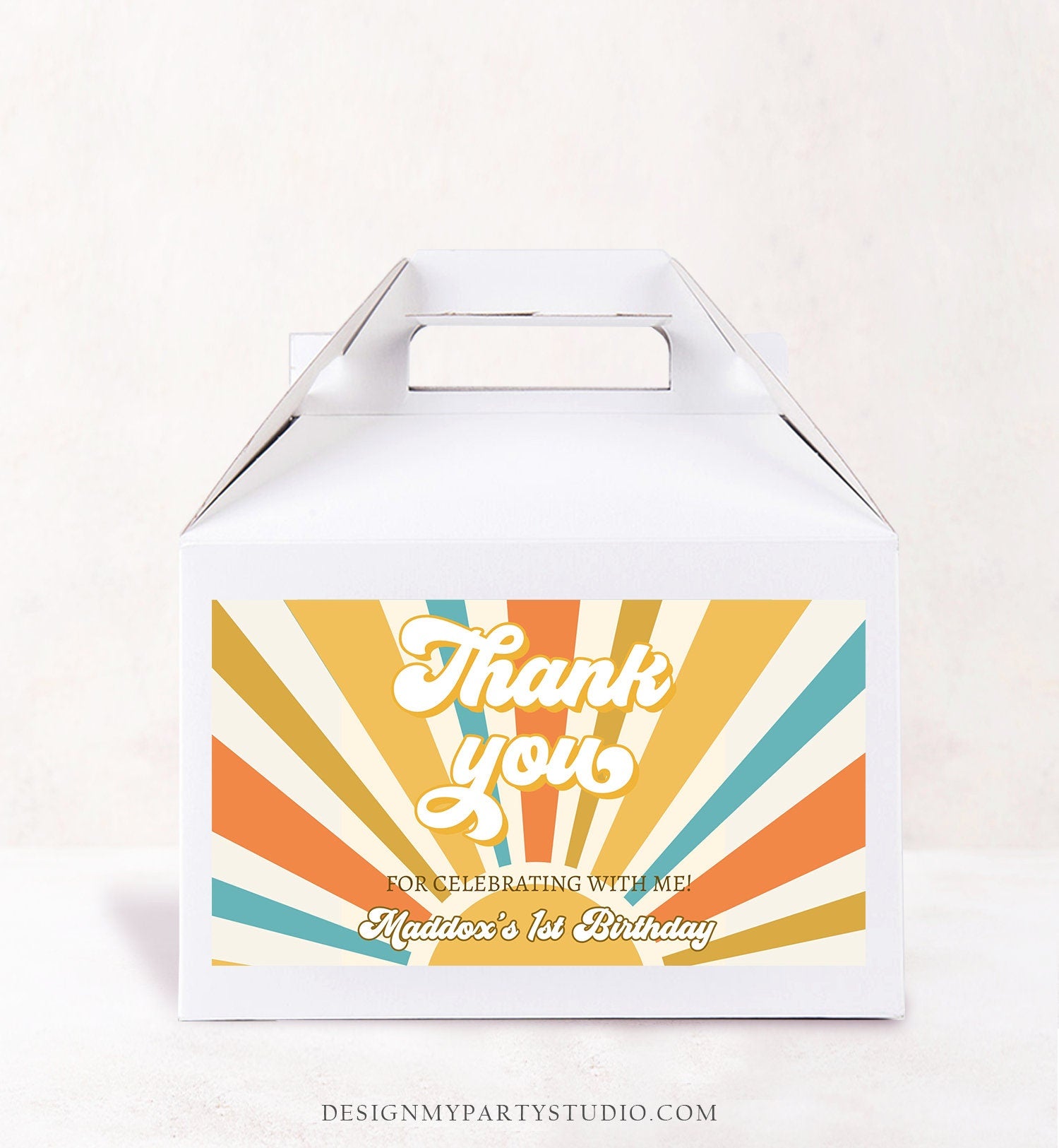 Editable Sun Birthday Party Gable Box Favor Label Boho Sun Gift Box Labels Retro Sunshine First Trip Around the Sun Download Printable 0457