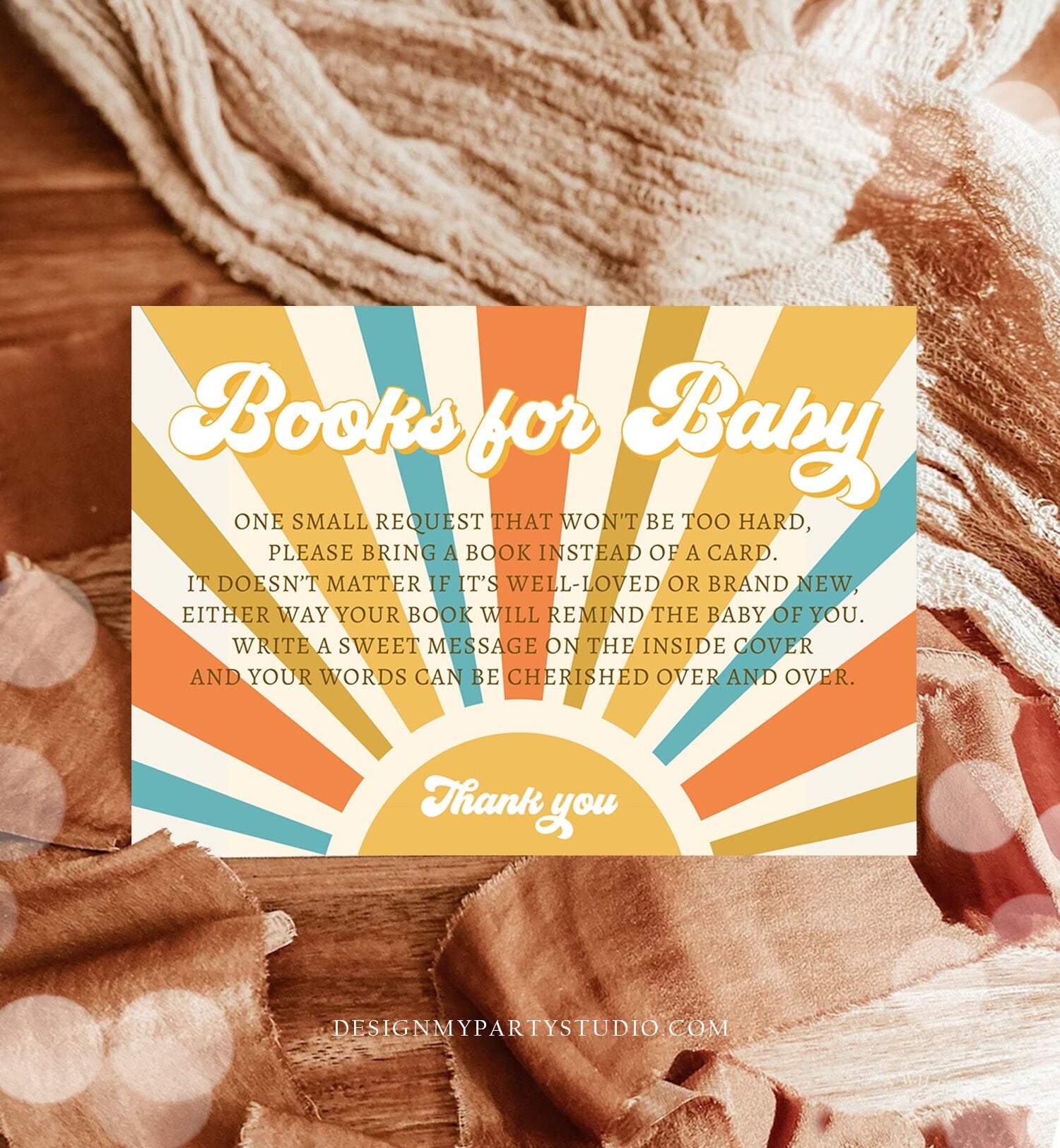 Editable Sunshine Baby Shower Book Request Ticket Little Ray of Sonshine Retro Bring a Book Shower Insert Template PRINTABLE Corjl 0457