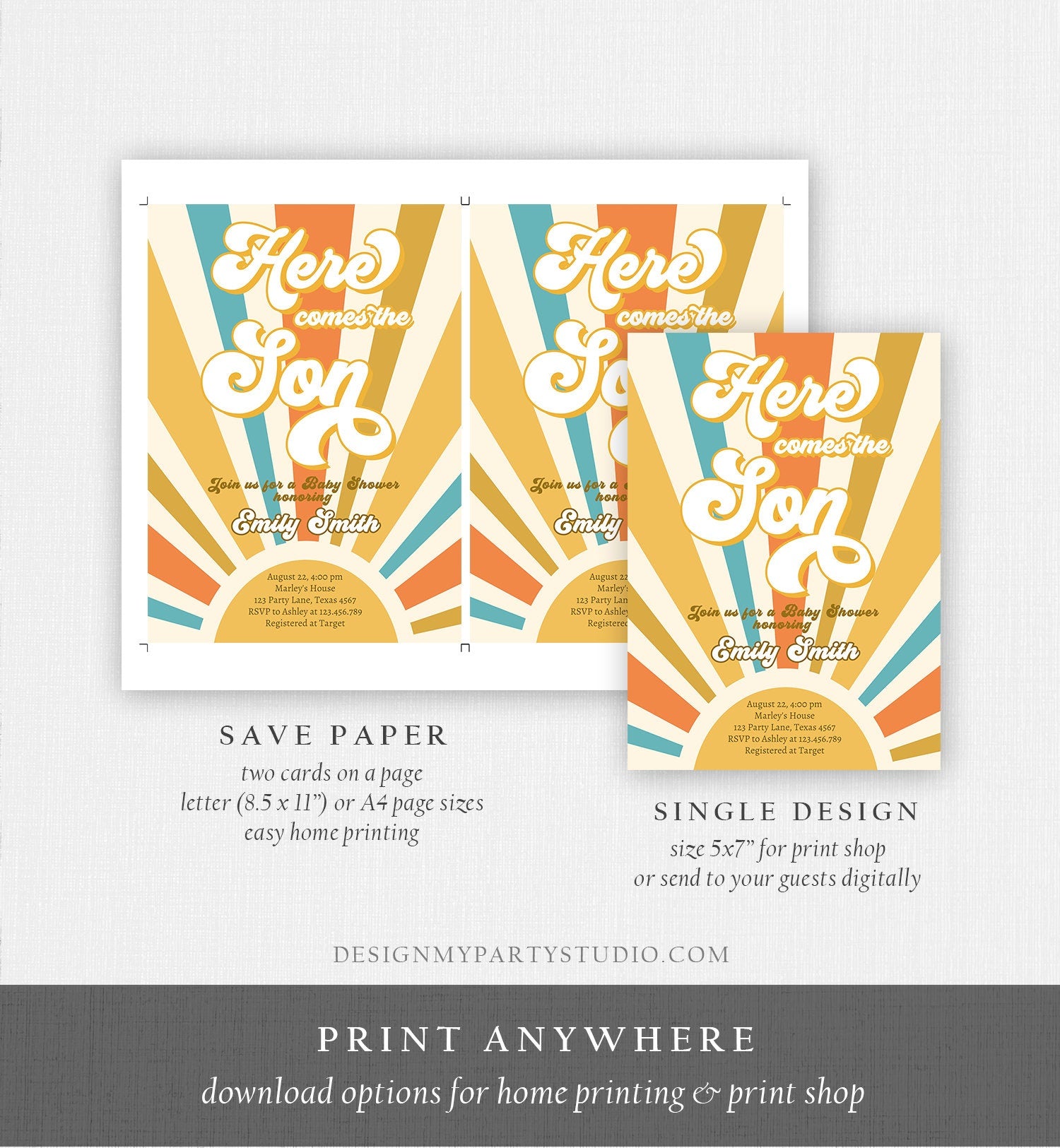 Editable Here Comes the Son Baby Shower Invitation Bundle Boy Retro Groovy Diaper Raffle Book Card Suite Corjl Template Printable 0457