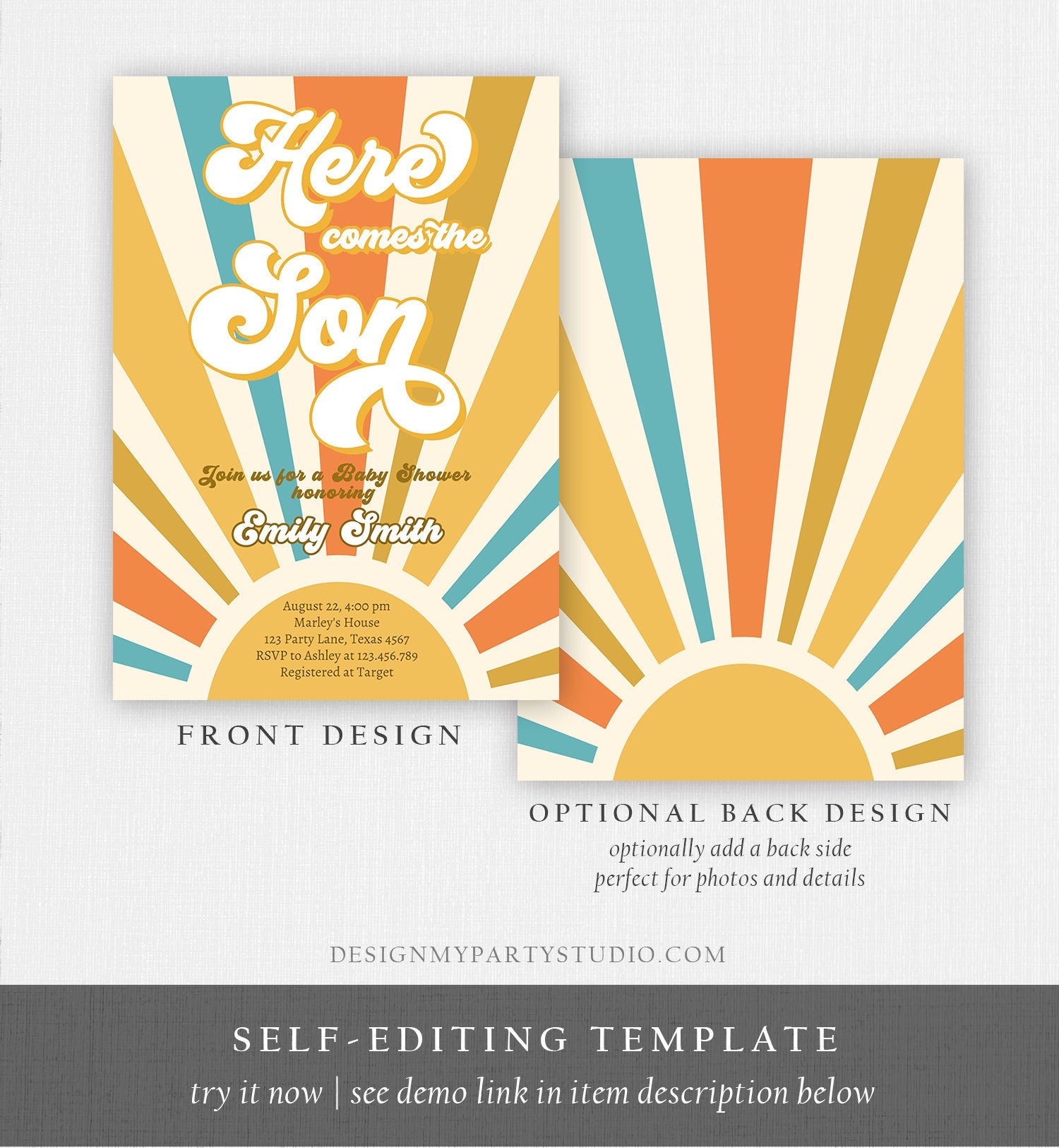 Editable Here Comes the Son Baby Shower Invitation Bundle Boy Retro Groovy Diaper Raffle Book Card Suite Corjl Template Printable 0457