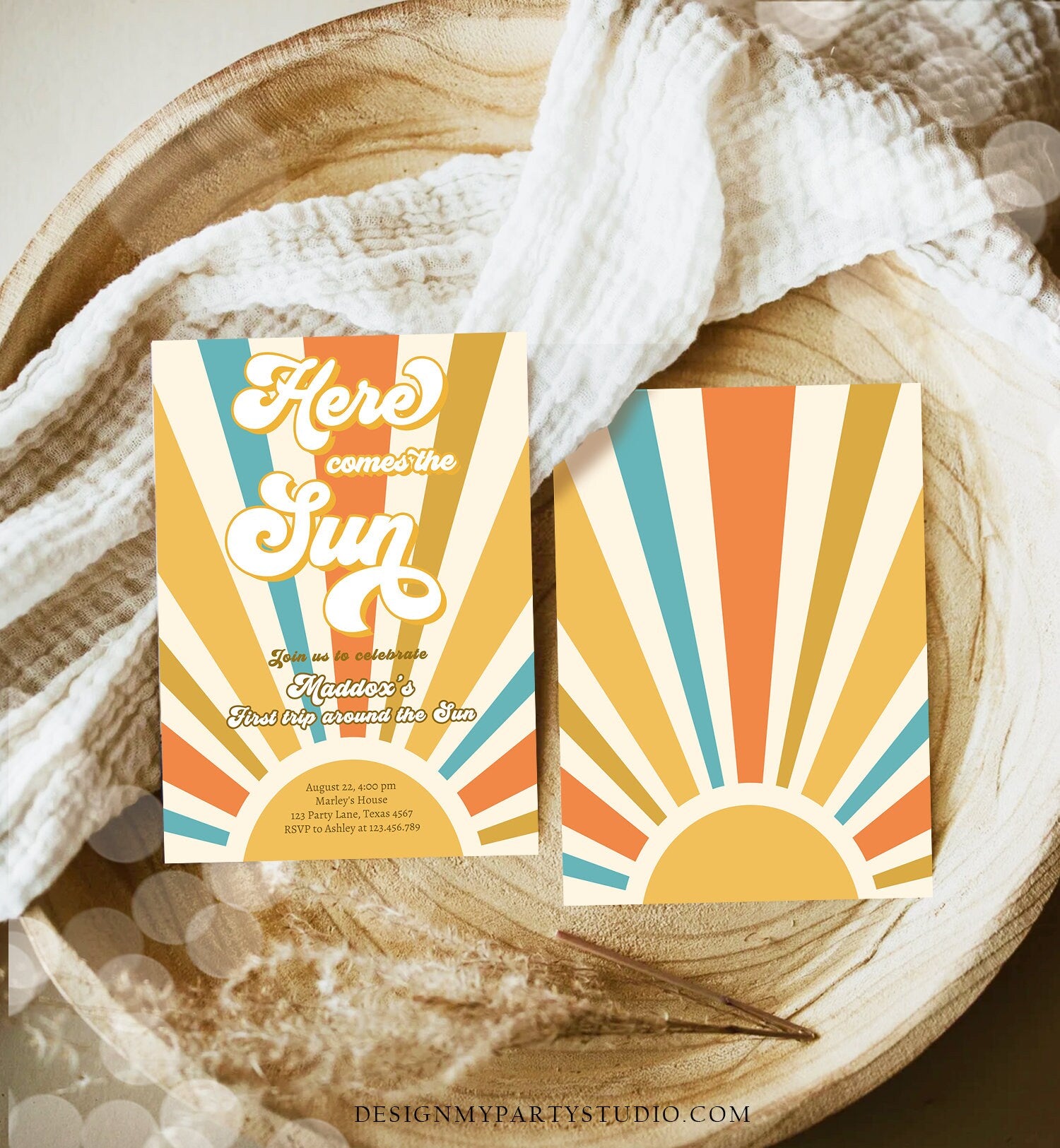 Editable Here Comes The Sun 1st Birthday Invitation My Sunshine Boho Retro First Trip Around the Sun Download Template Digital Corjl 0457