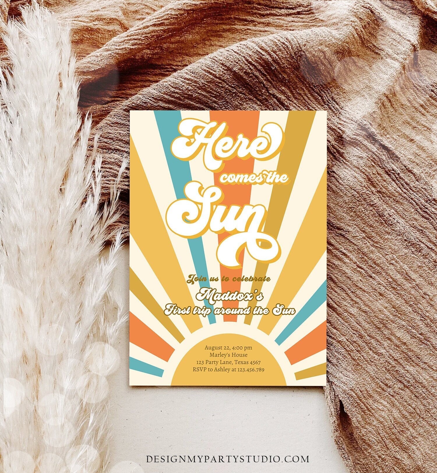 Editable Here Comes The Sun 1st Birthday Invitation My Sunshine Boho Retro First Trip Around the Sun Download Template Digital Corjl 0457