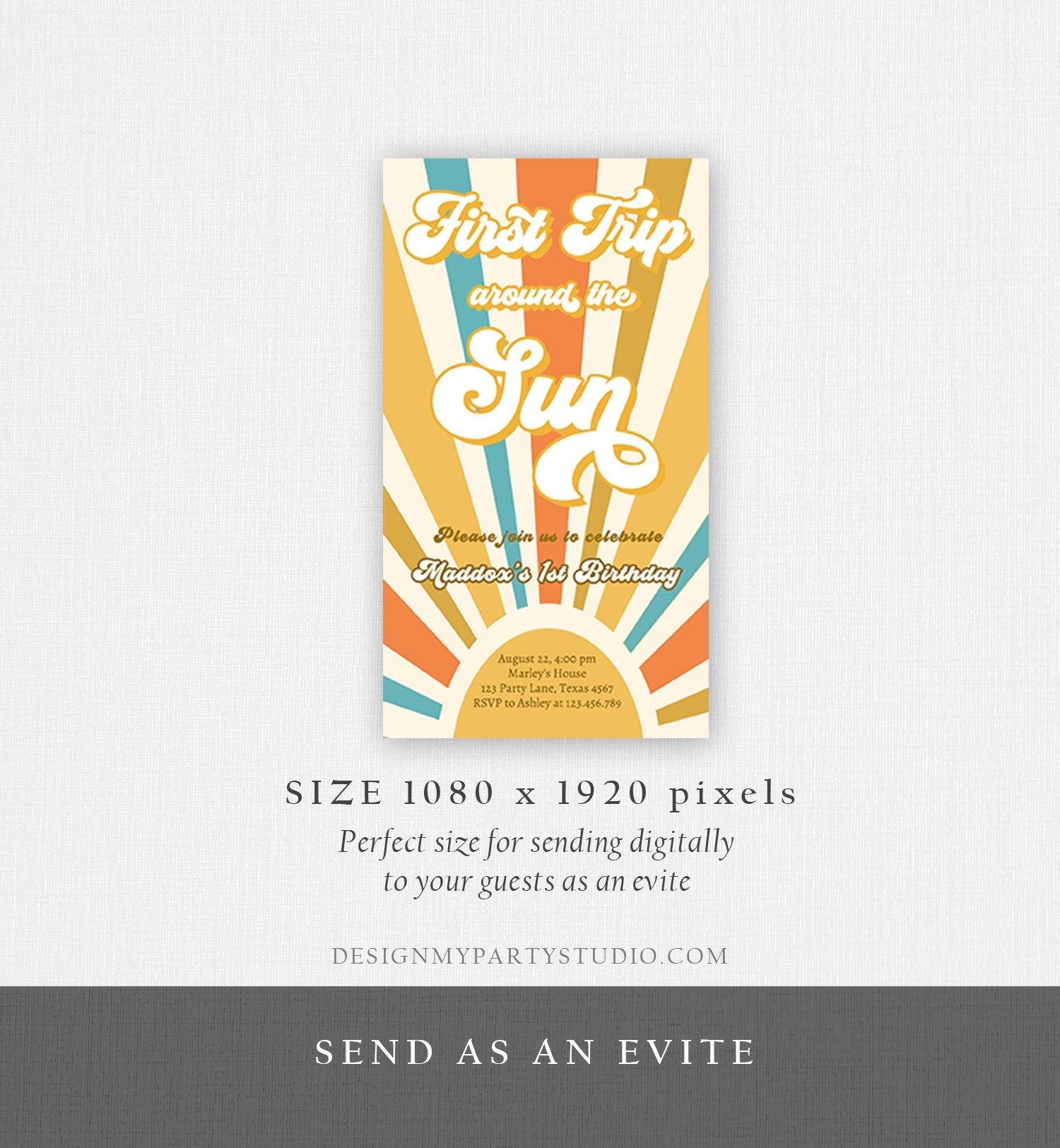 Editable First Trip Around The Sun Birthday Evite 1st Birthday My Sunshine Invitation Boho Retro Phone Download Template Digital Corjl 0457