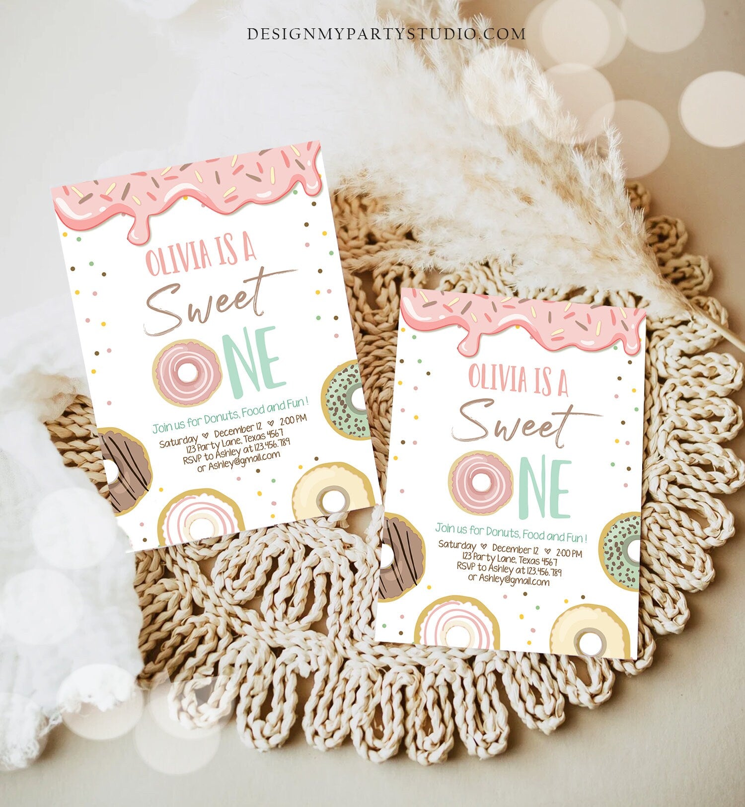 Editable Donut Sweet One Birthday Invitation First 1st Birthday Party Pink Girl Sweet Party Digital Download Printable Template Corjl 0320