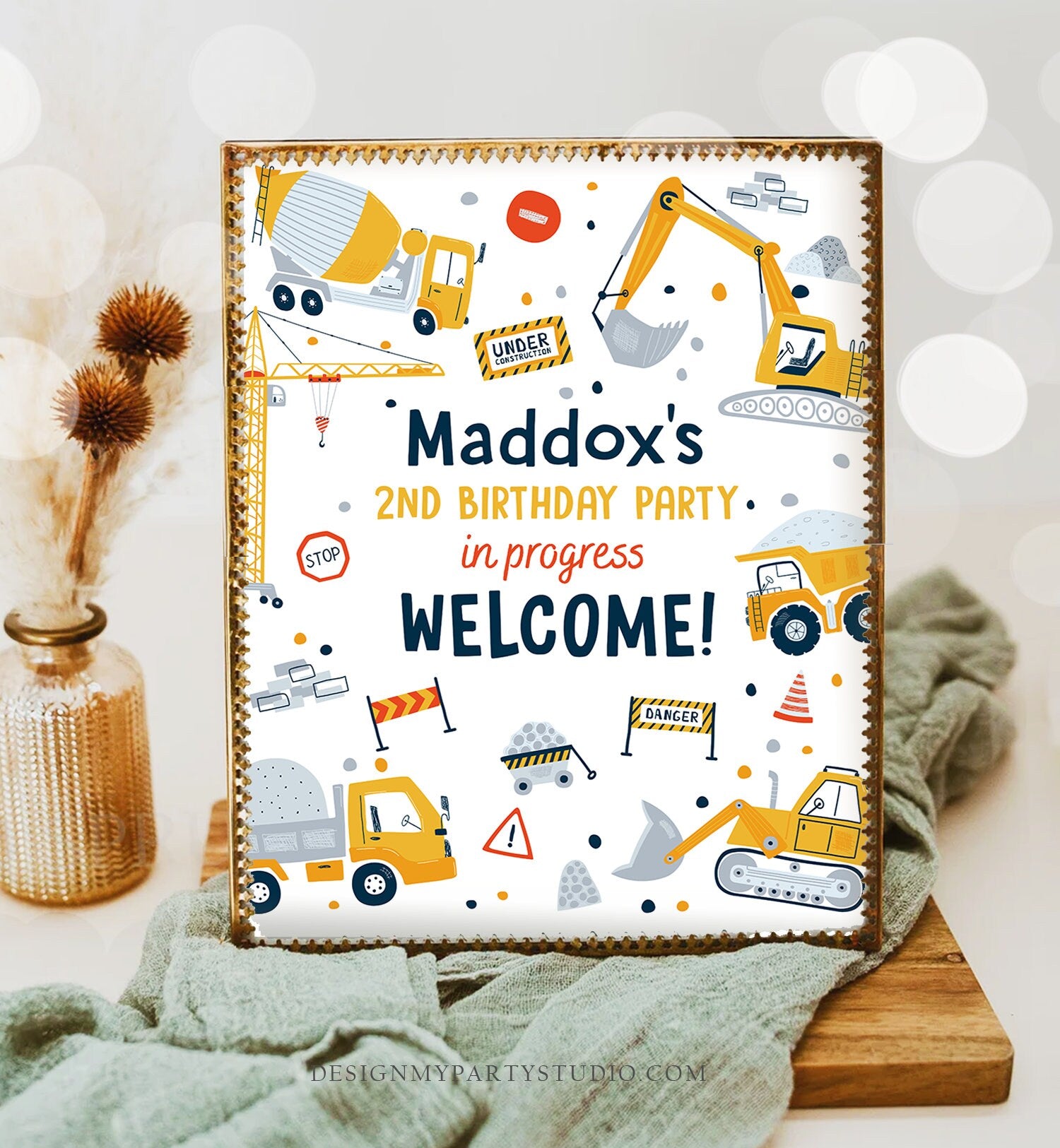 Editable Construction Birthday Welcome Sign Yellow Dump Truck Construction Sign Digger Boy Construction Decor Template Corjl PRINTABLE 0458