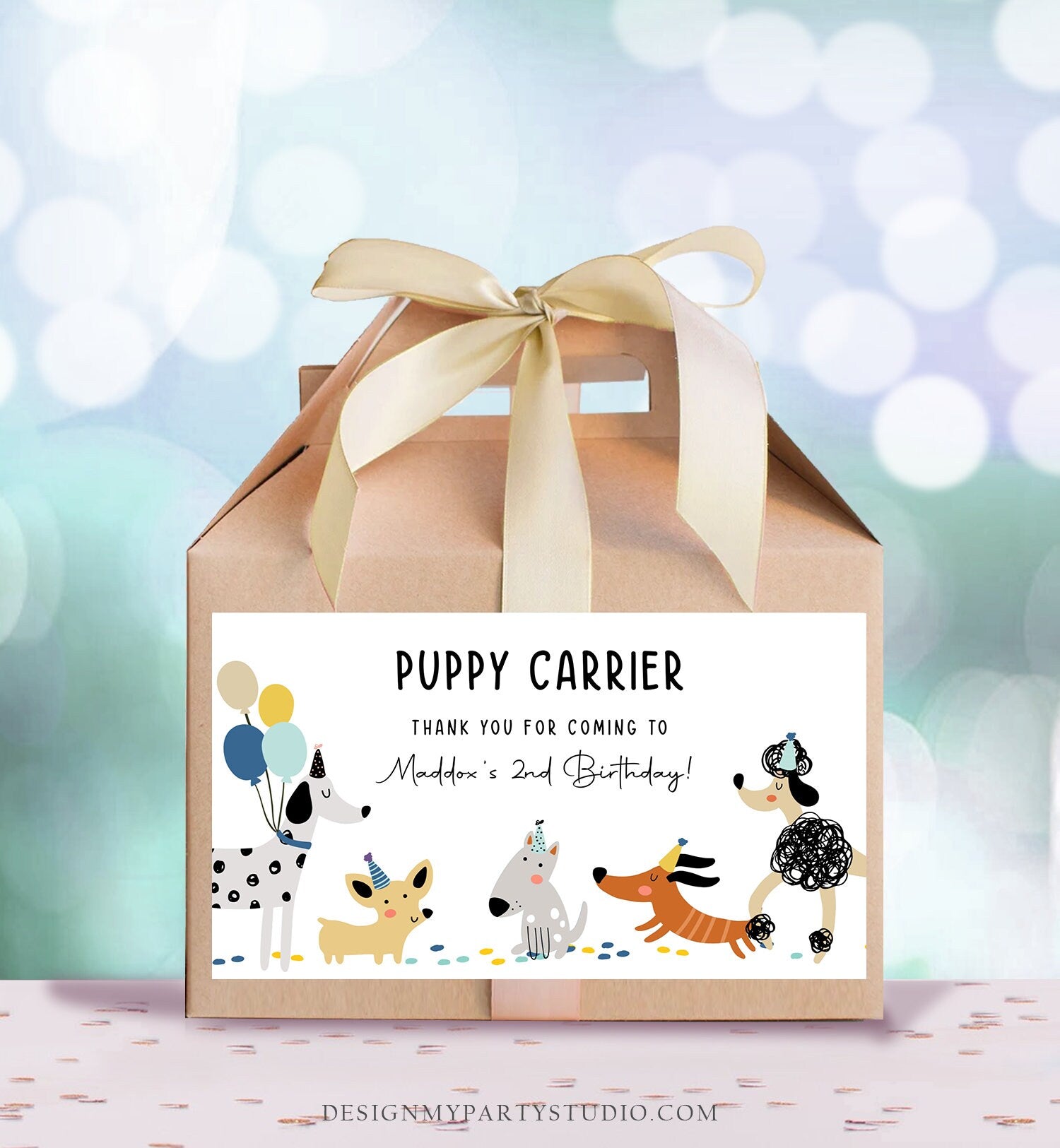 Editable Puppy Carrier Box Favor Label Puppy Birthday Favor Box Label Boy Blue Adopt a Puppy Pet Pawty Digital Download Printable Corjl 0429